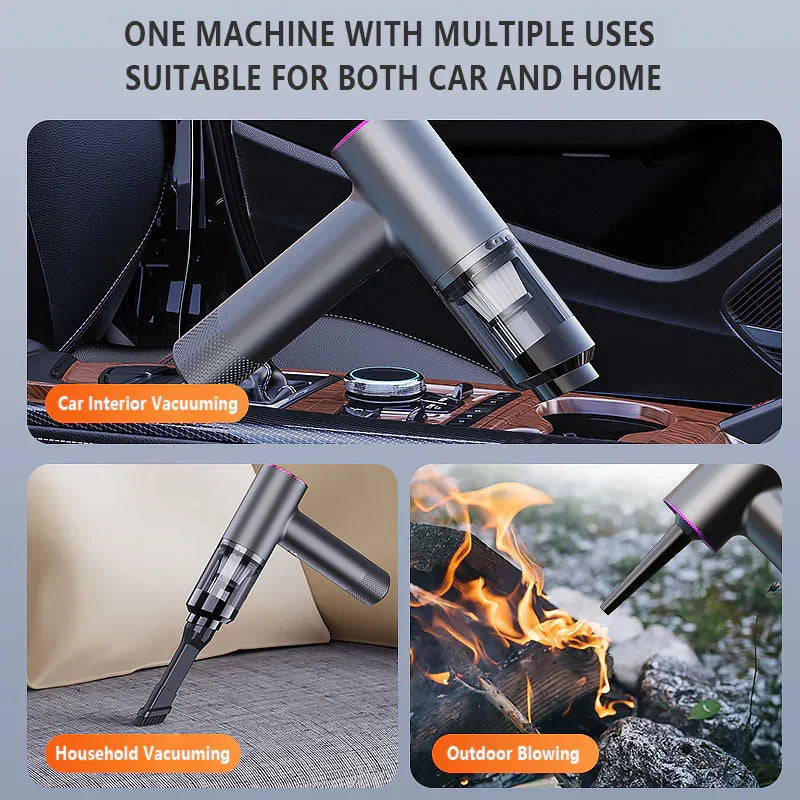 Compact handheld vacuum cleaner used for car interior, household cleaning, and outdoor blowing
