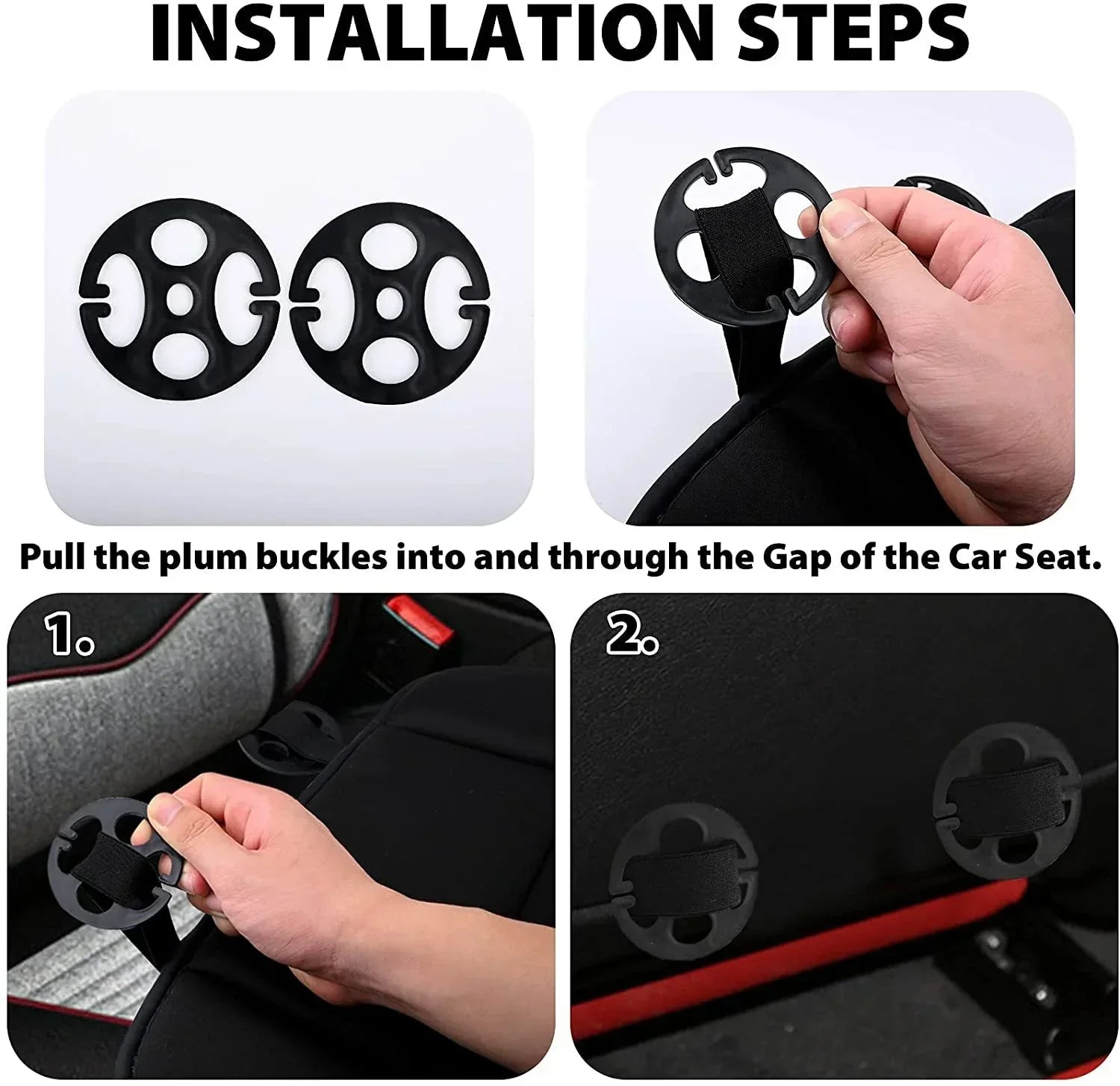 Installation steps showing black plum buckles being inserted through gaps in car seat to secure cover