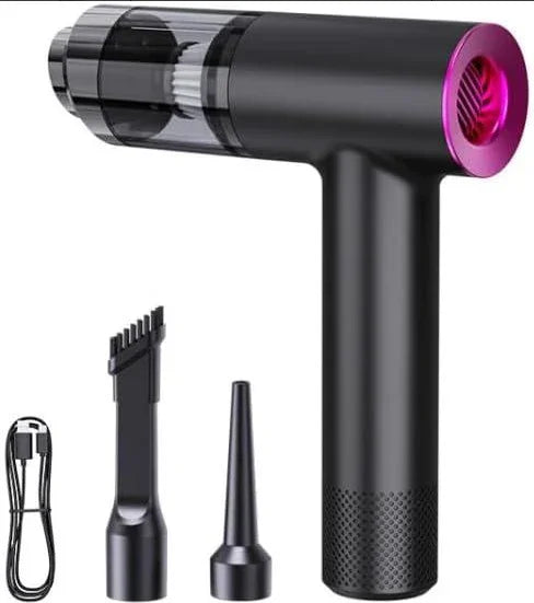 Black handheld cordless vacuum cleaner with transparent dust container, two nozzle attachments, and USB charging cable