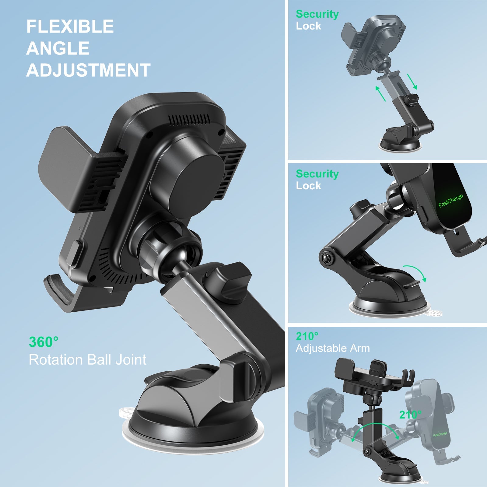 15W Charging Wireless Car Phone Mount - Black Auto-Clamping Holder with 360° Rotation, Dashboard/Windshield Suction Cup & Air Vent Clip, Fits 4.7-7" Phones, PC+ABS Firewall Material