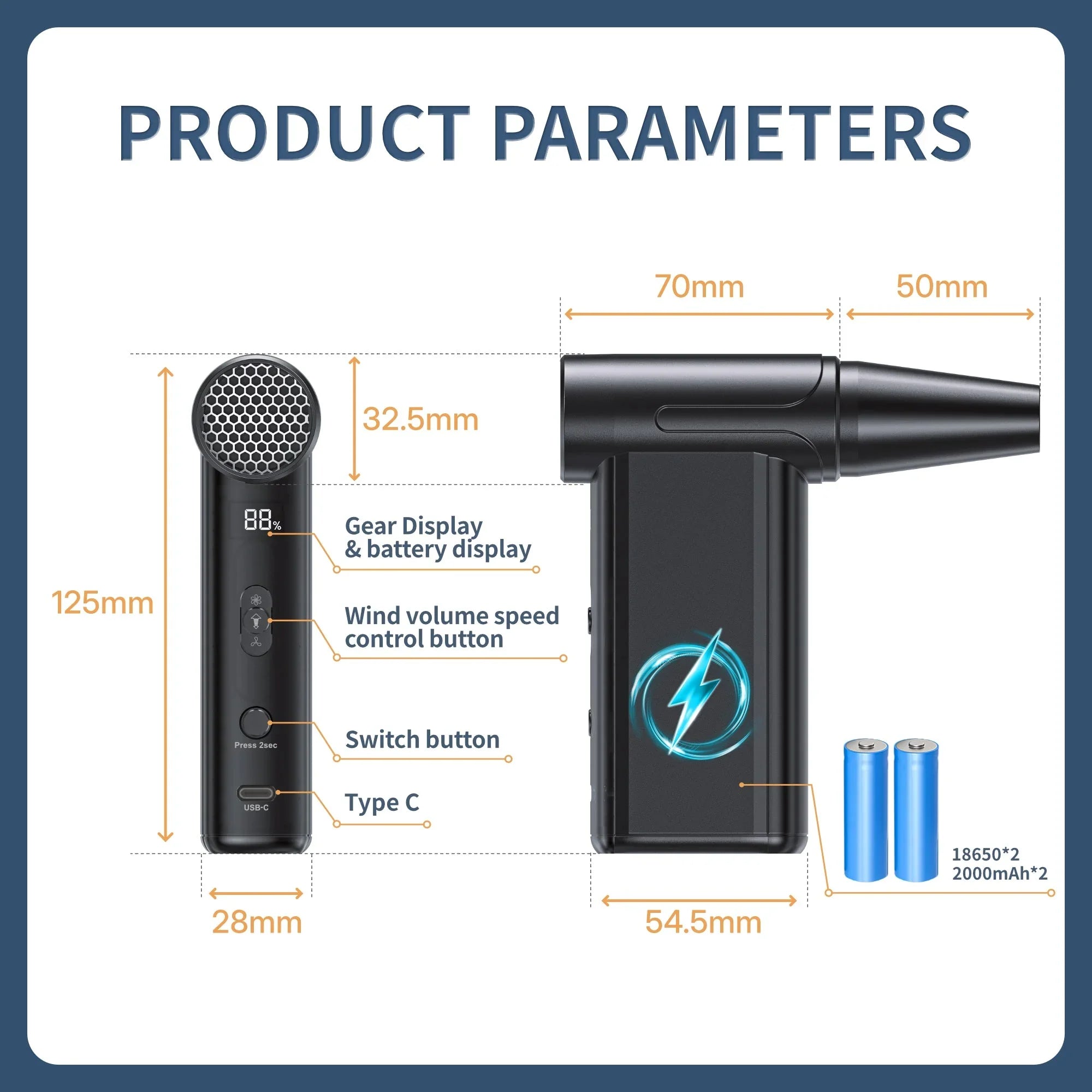 Compact black handheld device with digital gear and battery display, wind speed control, Type-C port, and rechargeable batteries