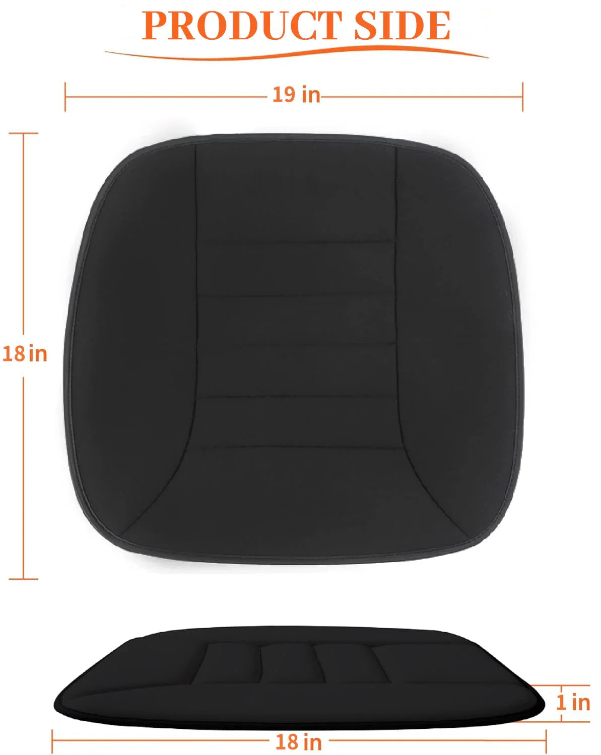 Black ergonomic seat cushion with dimensions 19x18 inches and 1 inch thick for comfort