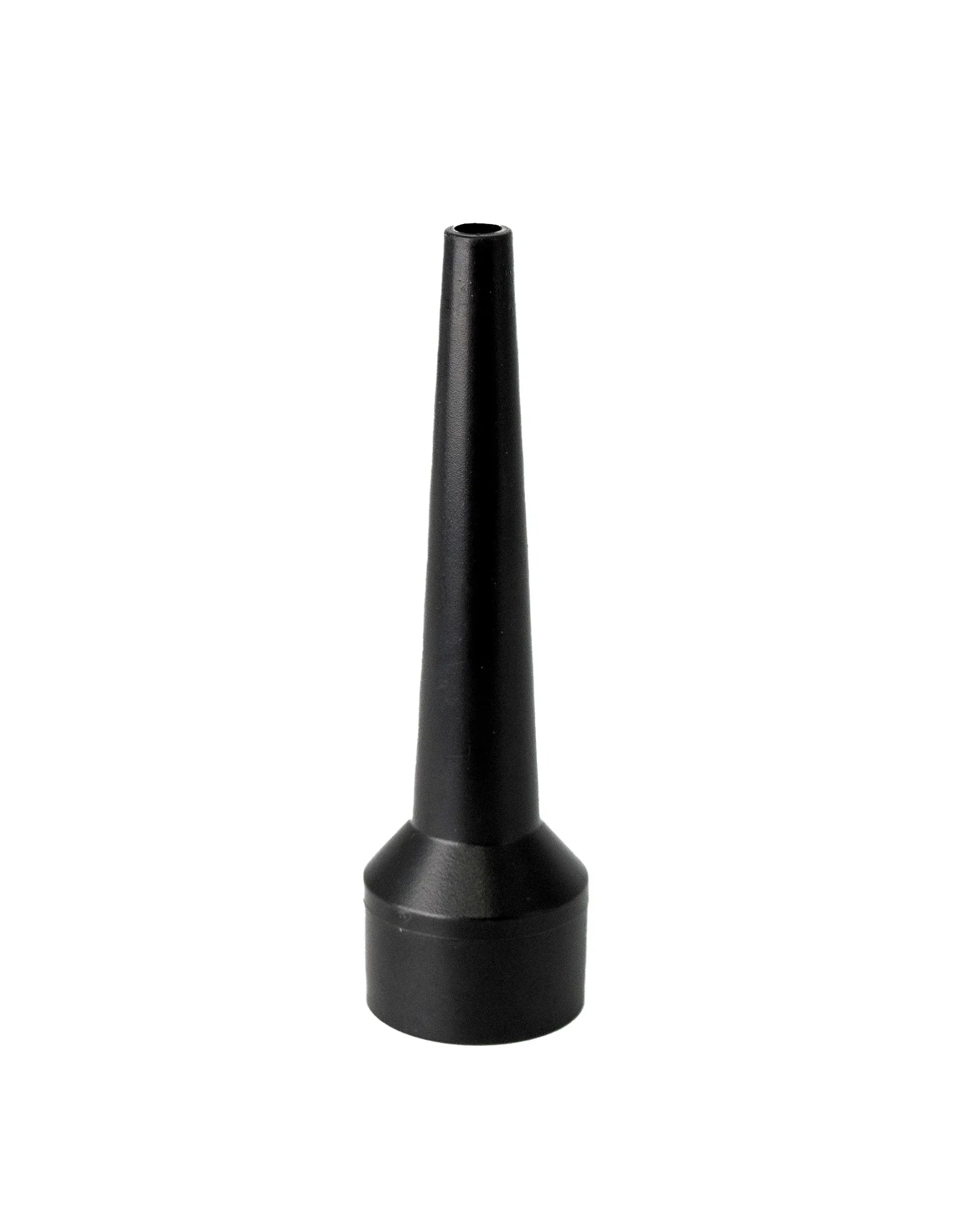 Black rubber funnel with narrow tapered spout and wide base on white background
