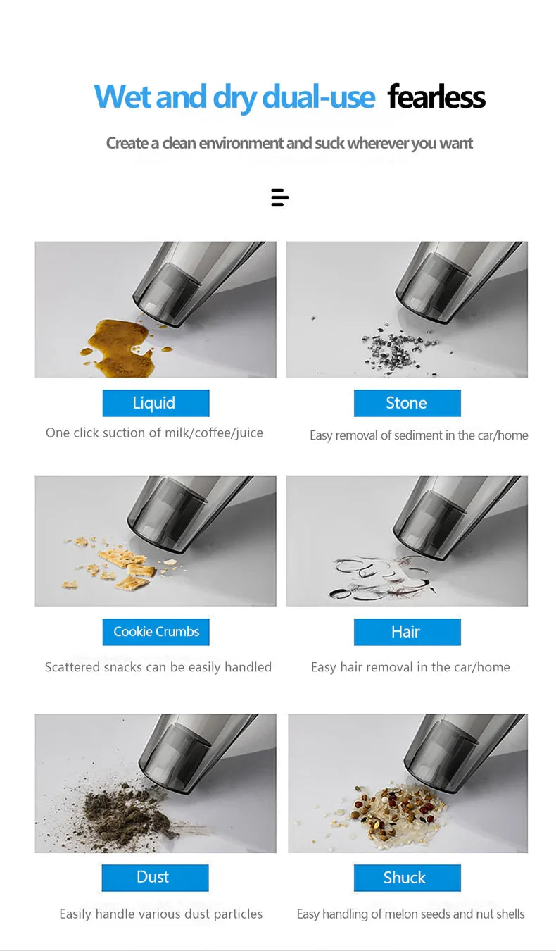 مكنسة كهربائية للسيارة رطبة/جافة - 90 وات تيار مستمر 12 فولت، فلتر هواء عالي الكفاءة F6، كوب غبار سعة 0.5 لتر، كابل 4.5 متر (خيار سلكي/لاسلكي)، أداة تنظيف الشقوق، فرشاة، خرطوم وحقيبة تخزين متضمنة