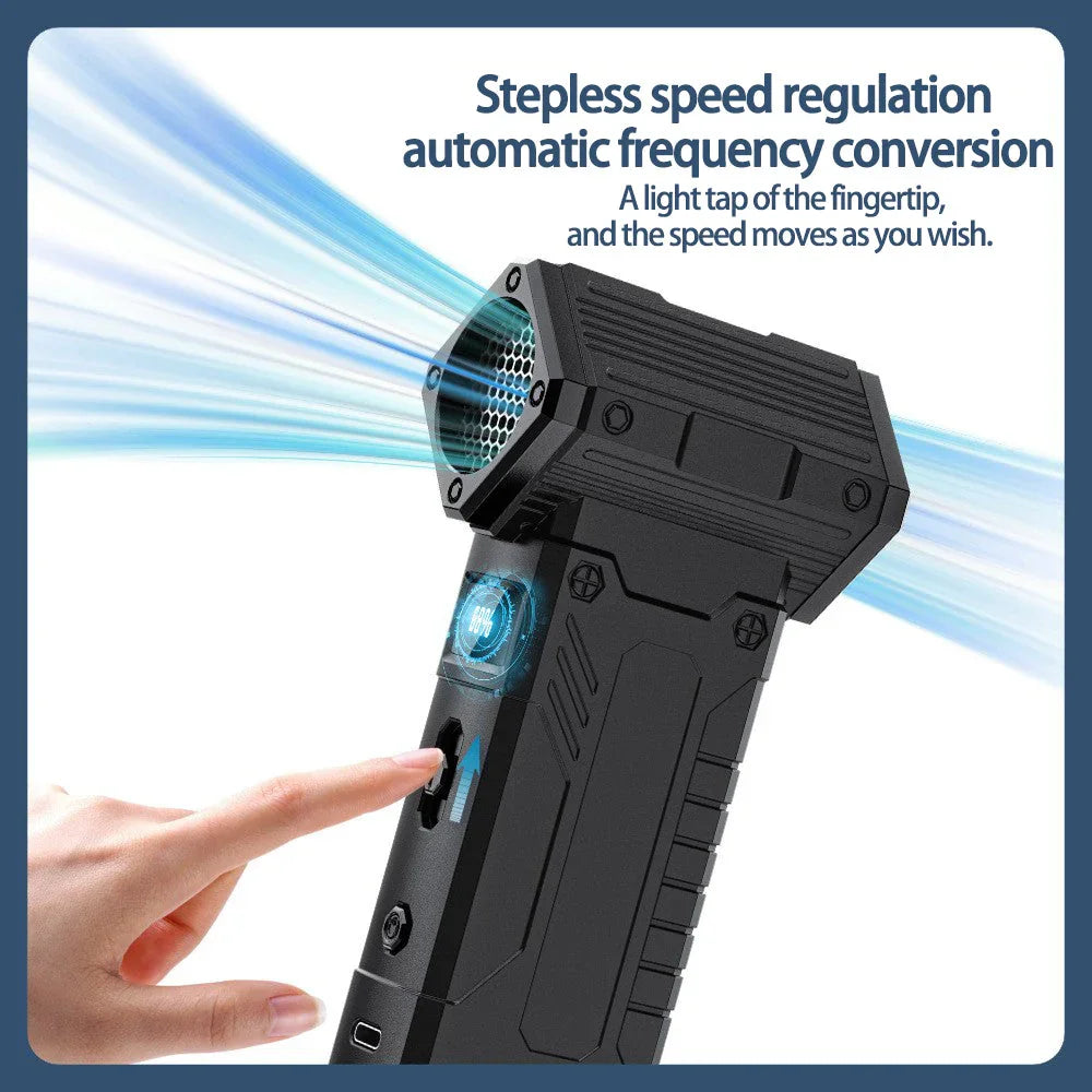 Hand adjusting stepless speed regulation on black handheld device with digital display and automatic frequency conversion