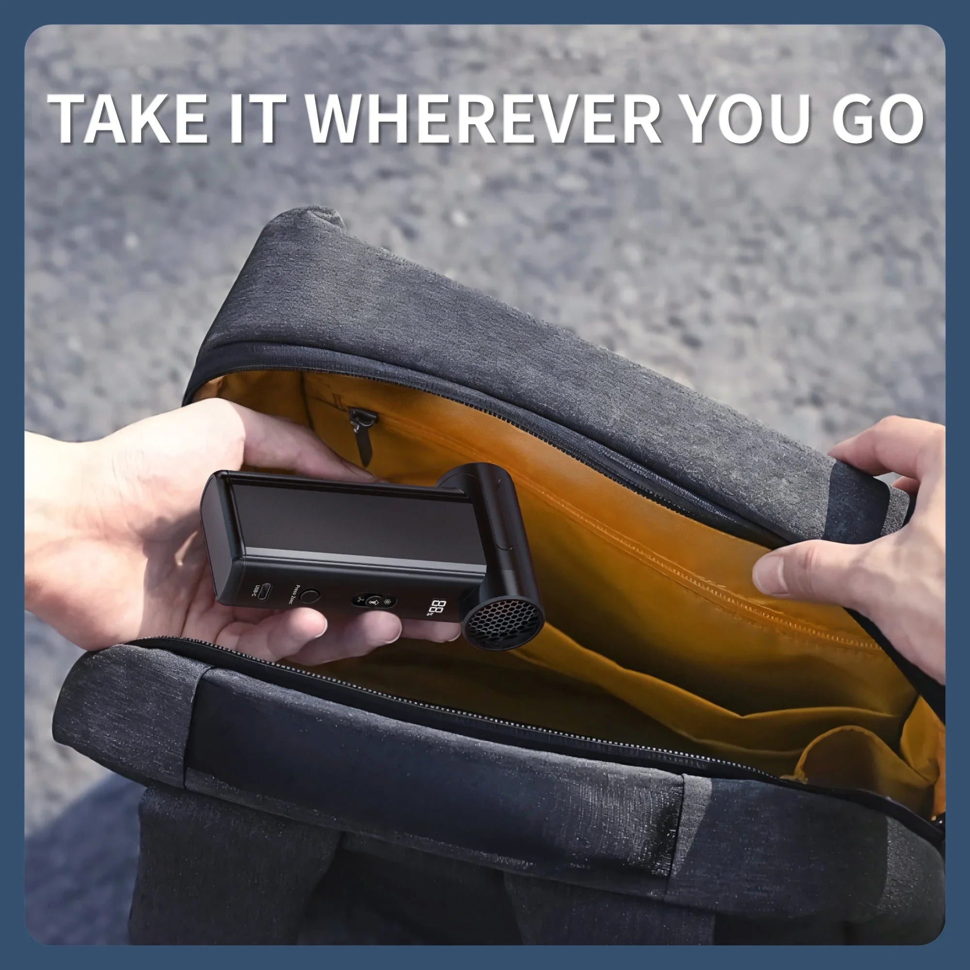 Person placing compact black portable device with display into grey and yellow backpack