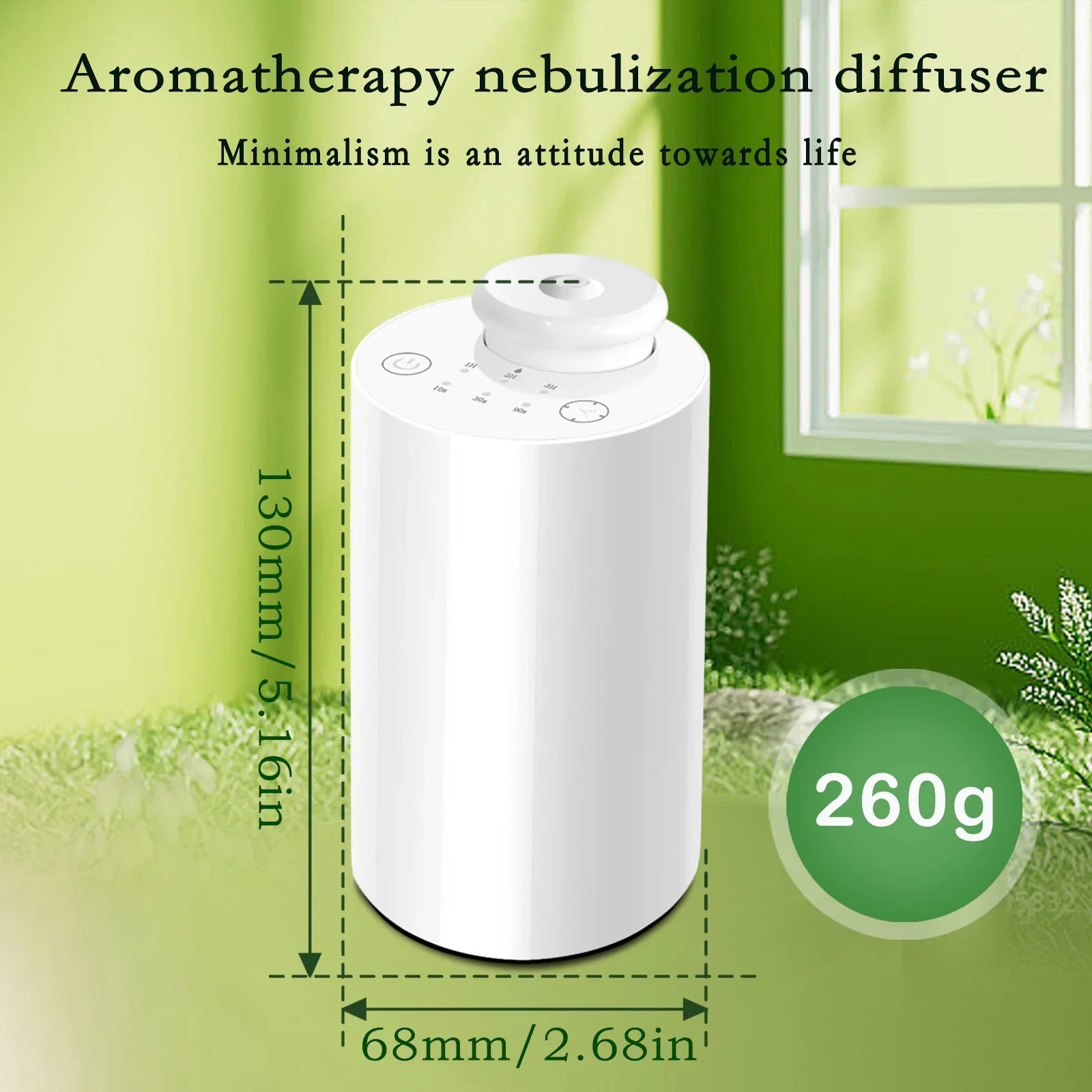 White aromatherapy nebulization diffuser on green background with size 130mm x 68mm, weight 260g