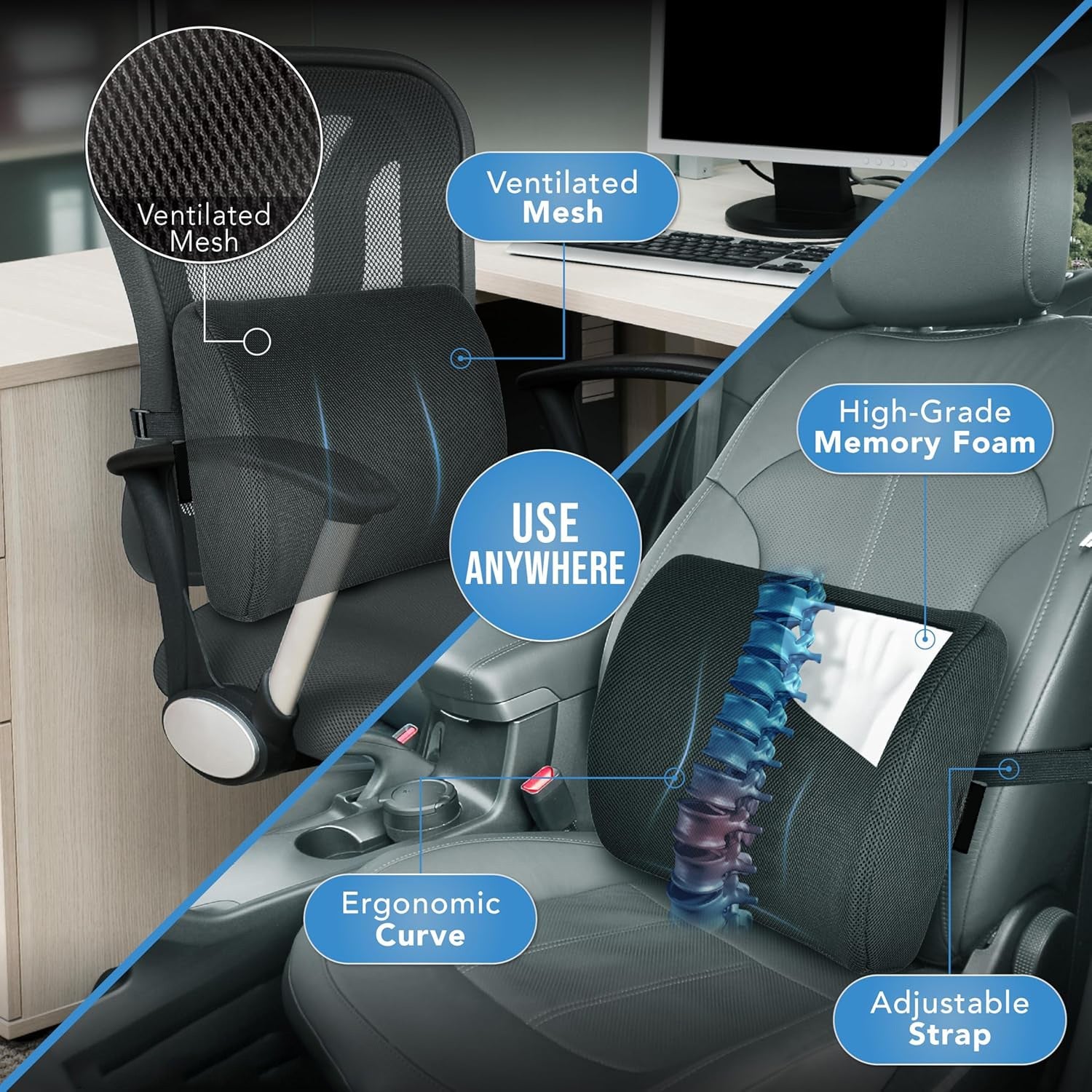 The Lumbar Support Pillow For Office Chair and Car Seat, Perfectly Balanced Memory Foam , Versatile Use Lower Back Cushion