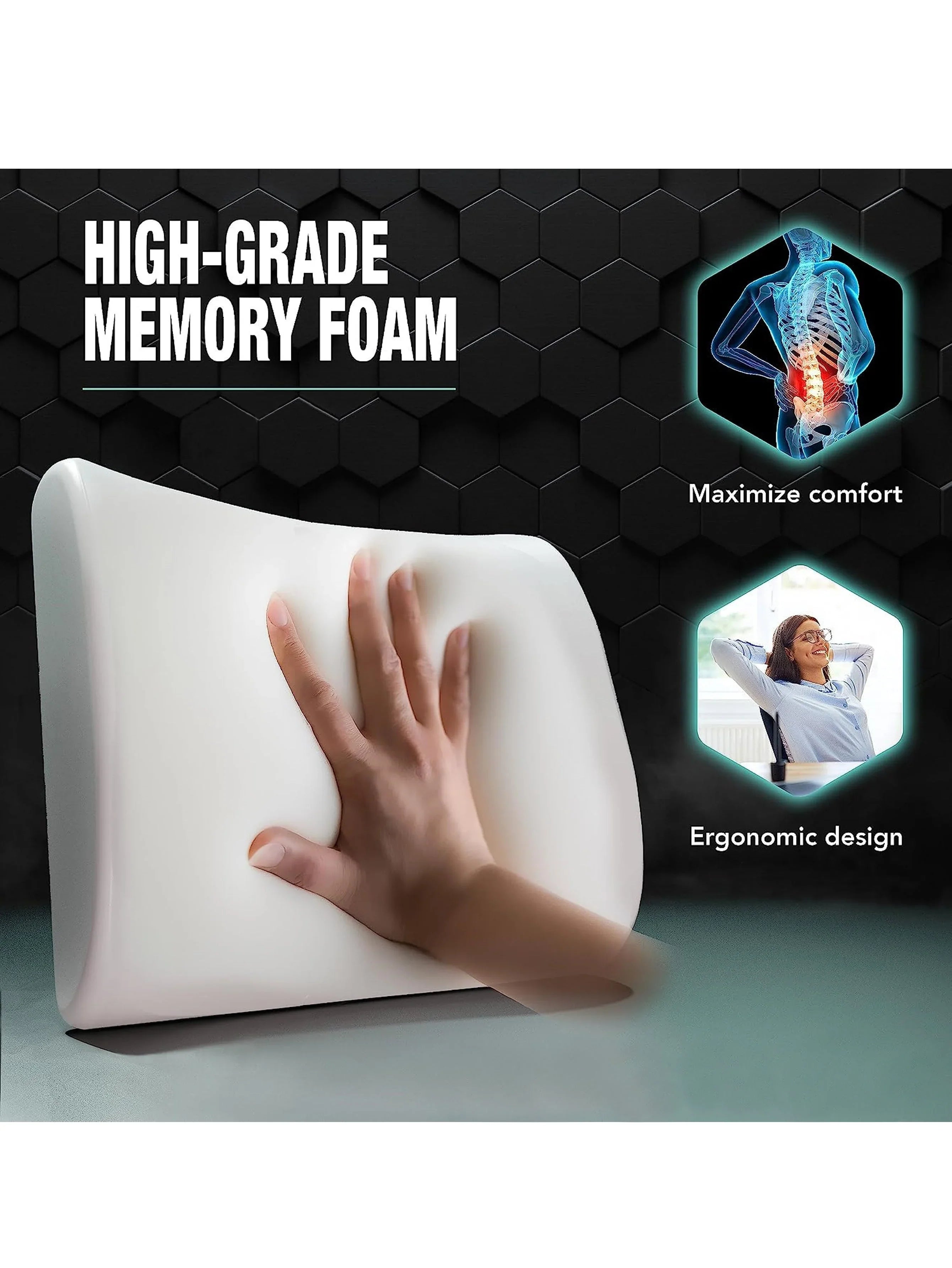 Hand pressing white memory foam pillow with ergonomic design and back comfort visuals