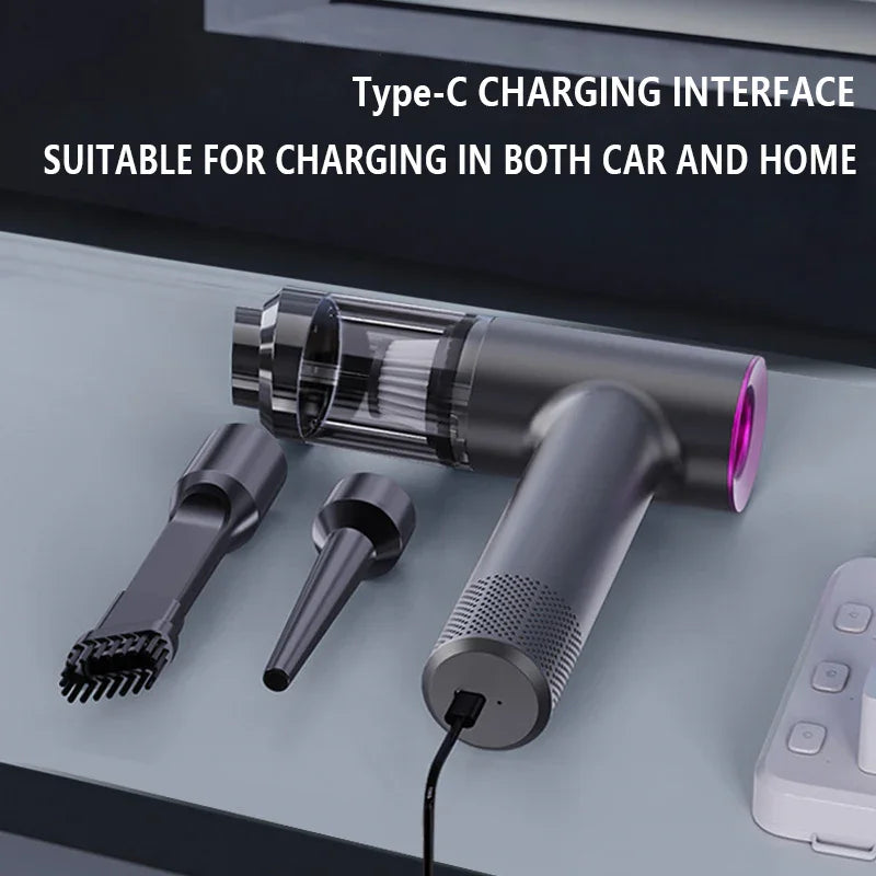 Portable cordless vacuum cleaner with Type-C charging cable and two nozzle attachments on a gray surface