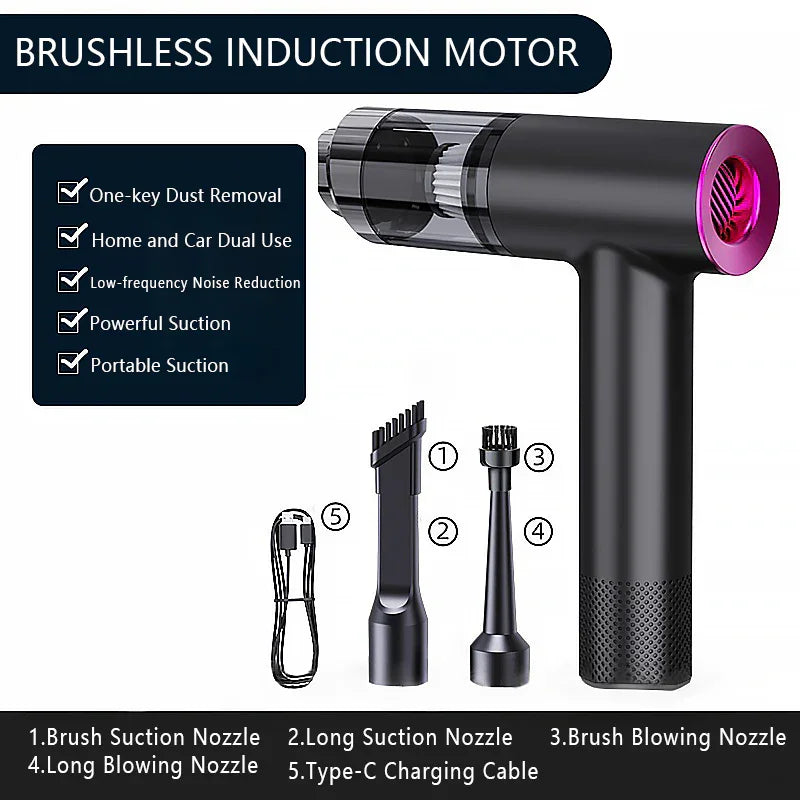 Black brushless induction motor vacuum with brush suction, long suction, blowing nozzles, and Type-C charging cable