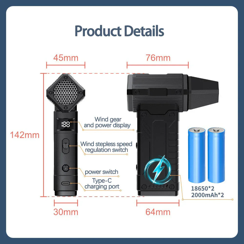 Compact black handheld device with digital display, speed switch, power button, USB-C port, and two blue 18650 batteries