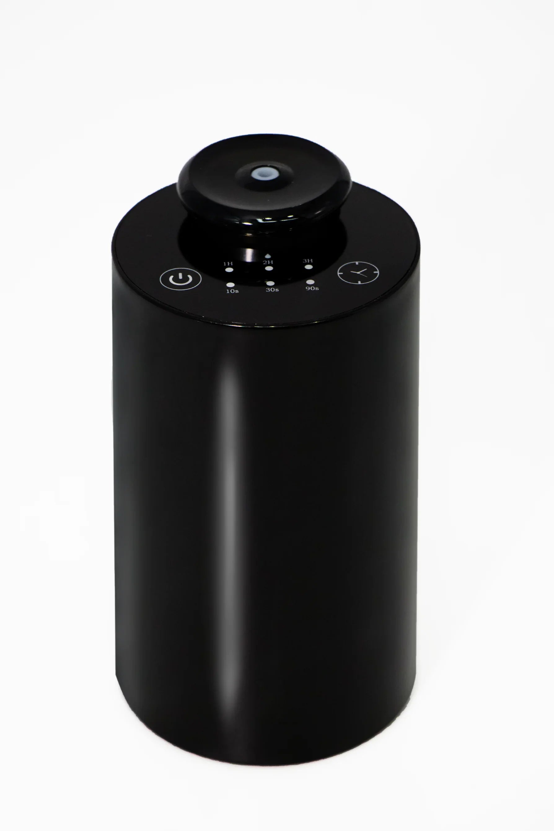 Black cylindrical essential oil diffuser with timer and power buttons on white background