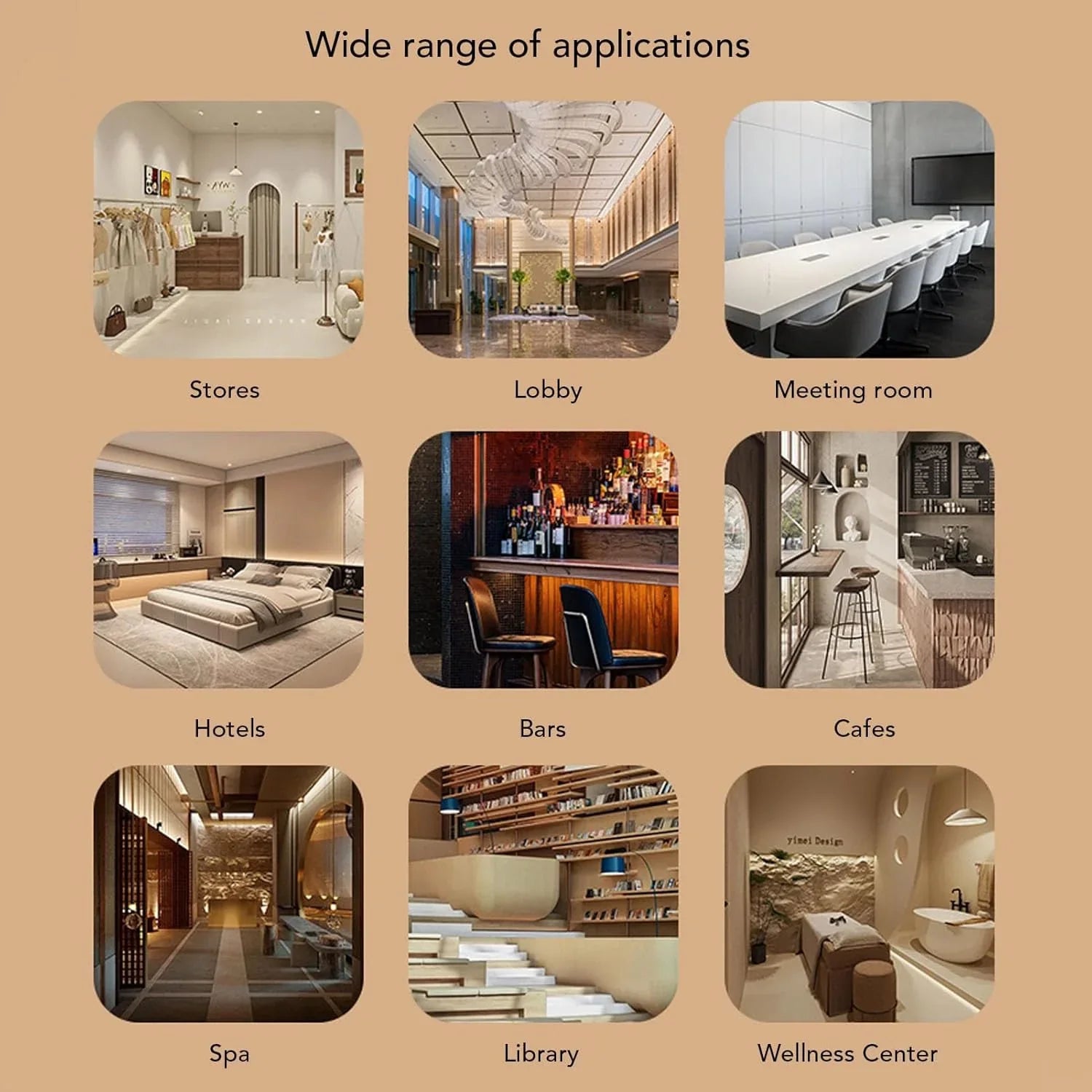 Collage showing modern interior designs for stores, lobby, meeting room, hotels, bars, cafes, spa, library, and wellness center