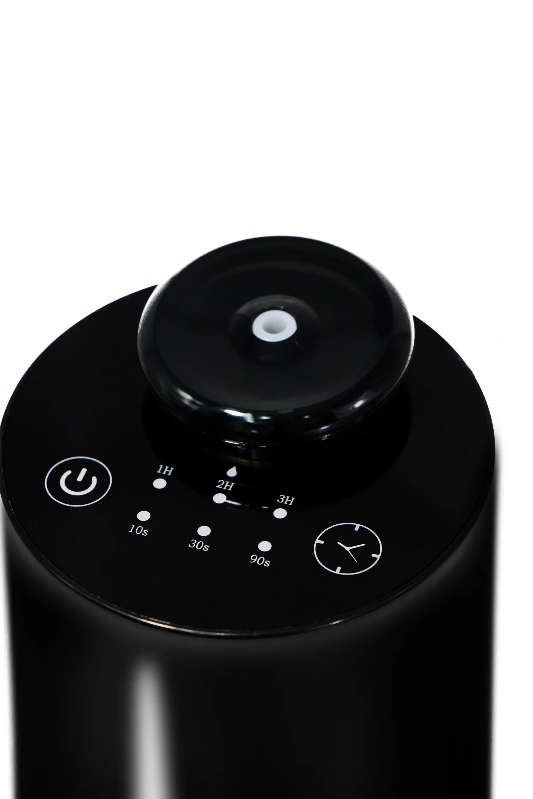 Black cylindrical essential oil diffuser with touch control panel and timer settings on white background