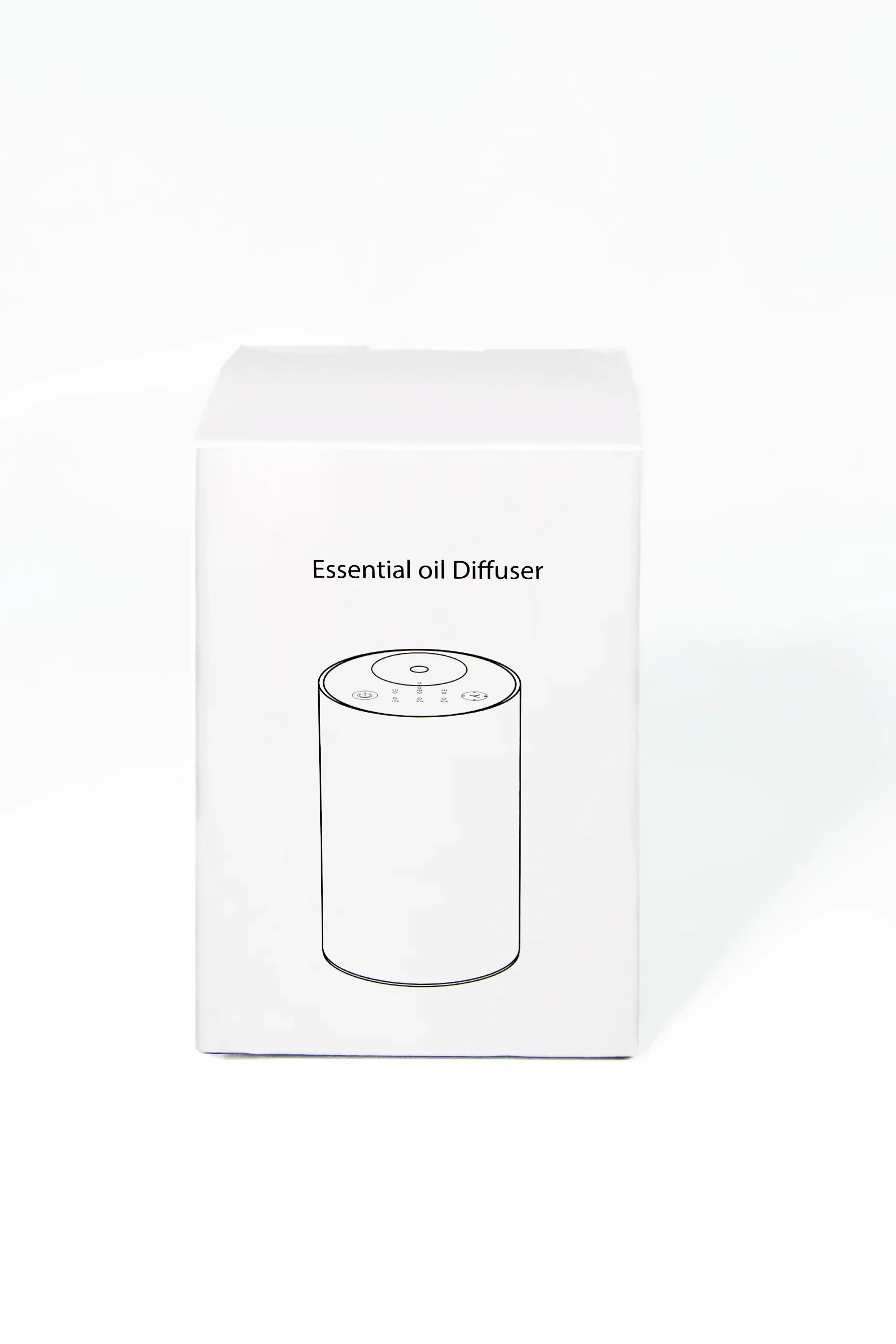 White essential oil diffuser box with simple black line drawing and text on plain white background