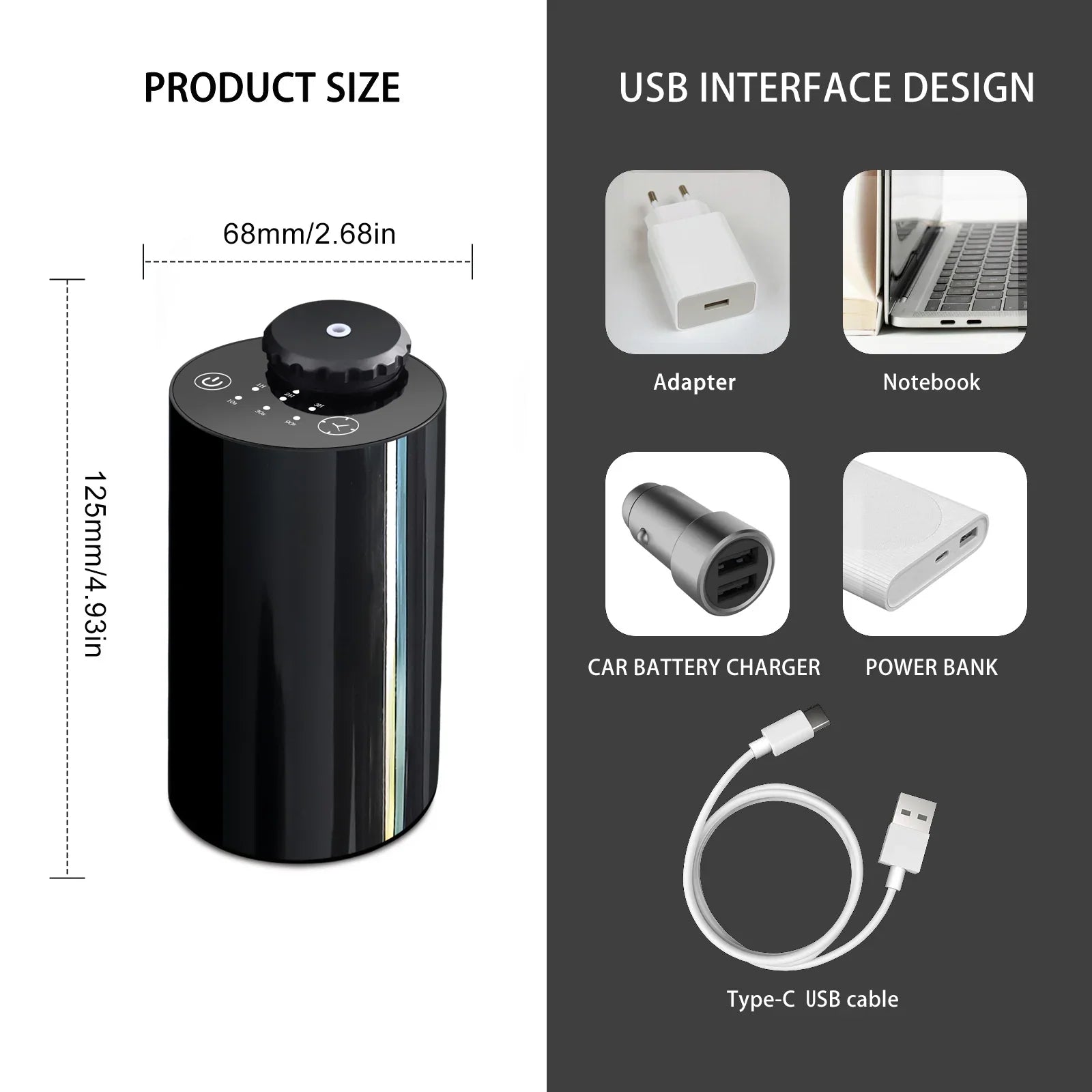 Black cylindrical device with 68mm diameter and 125mm height, USB interface options including adapter, laptop, car charger, power bank, and Type-C cable