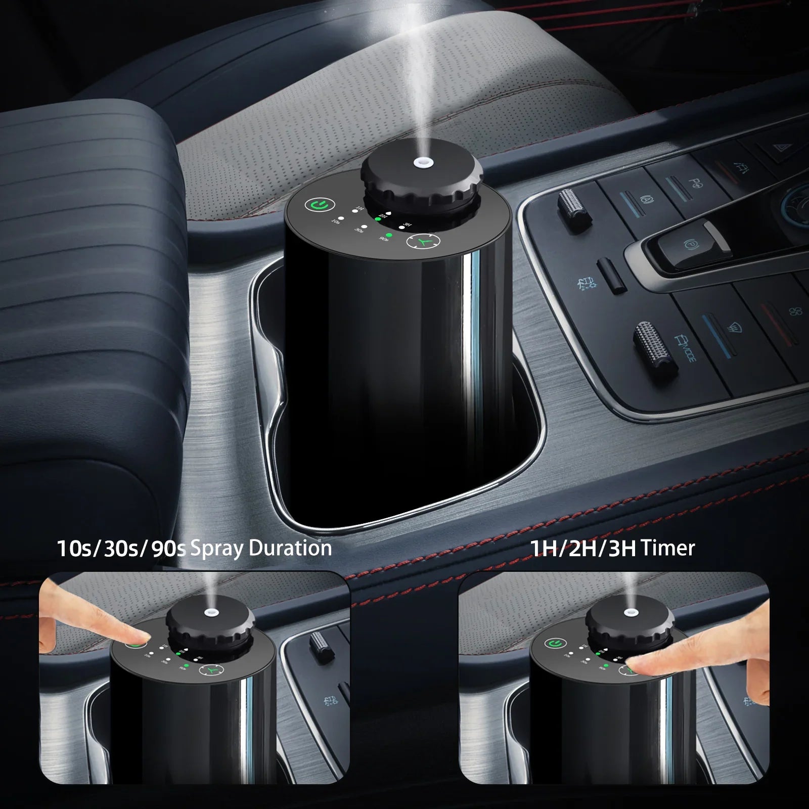 Black car humidifier diffuser in center console with spray duration and timer controls shown
