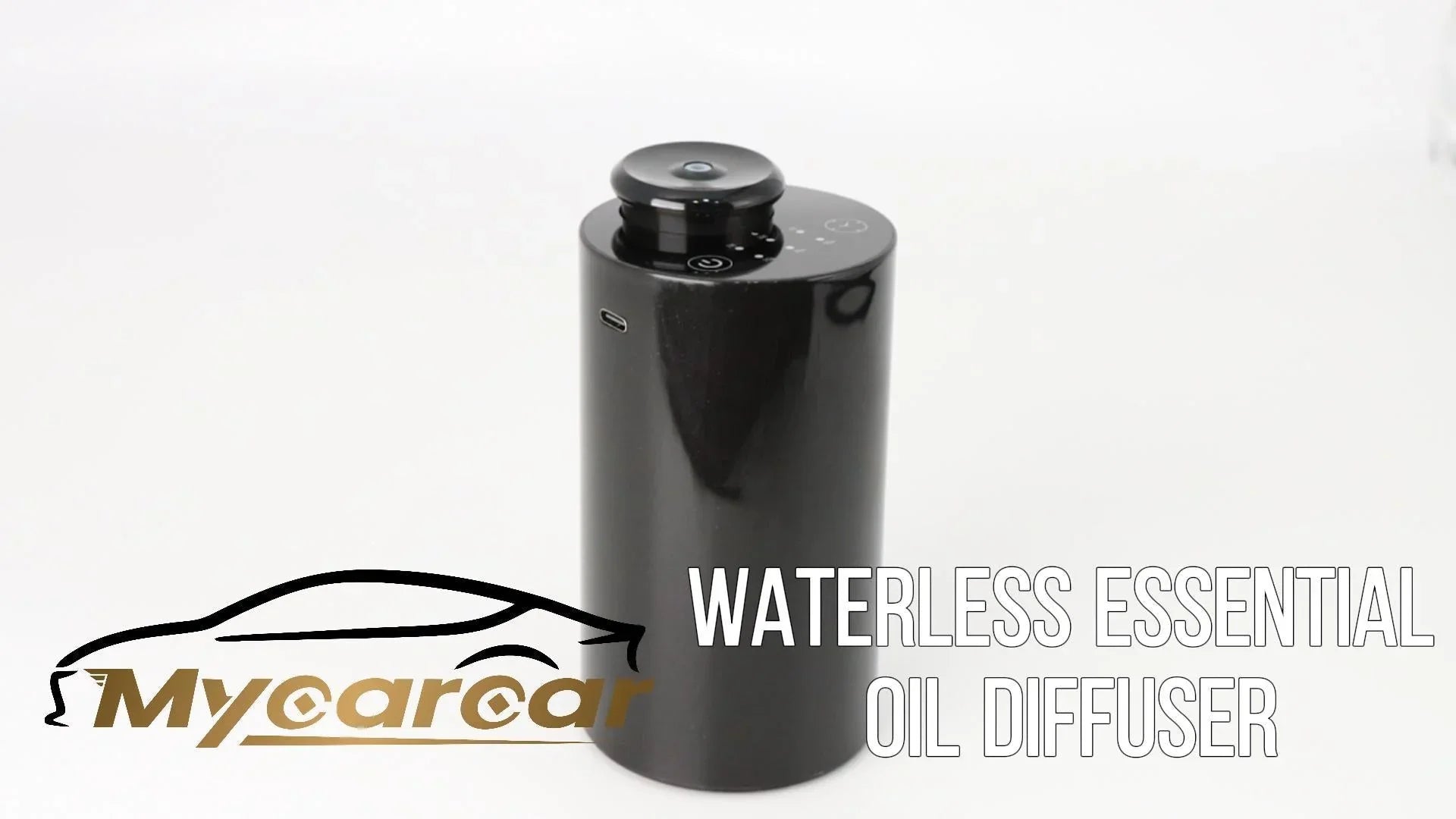Black waterless essential oil diffuser on white background with Mycarcar logo