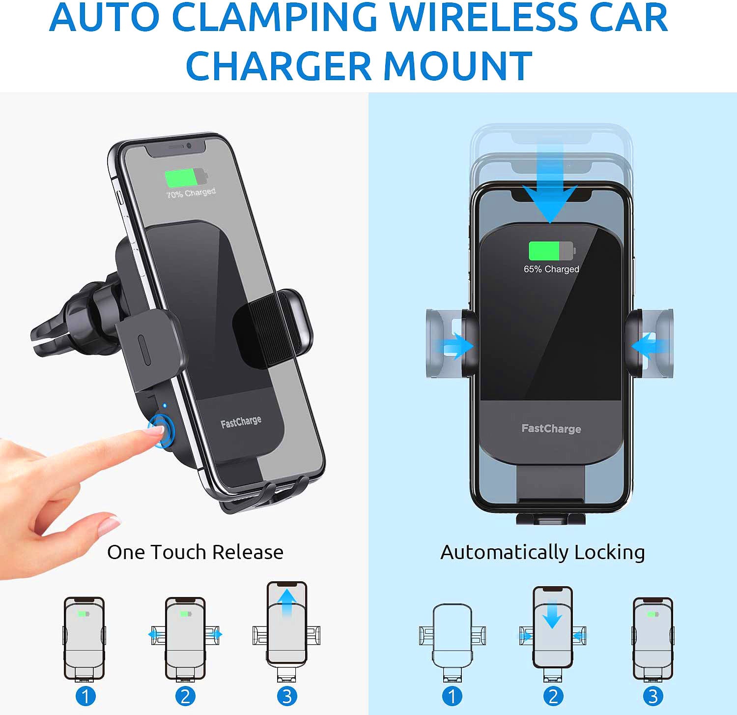 15W Charging Wireless Car Phone Mount - Black Auto-Clamping Holder with 360° Rotation, Dashboard/Windshield Suction Cup & Air Vent Clip, Fits 4.7-7" Phones, PC+ABS Firewall Material