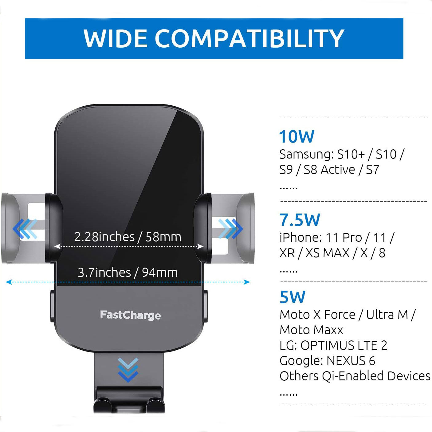 15W Charging Wireless Car Phone Mount - Black Auto-Clamping Holder with 360° Rotation, Dashboard/Windshield Suction Cup & Air Vent Clip, Fits 4.7-7" Phones, PC+ABS Firewall Material