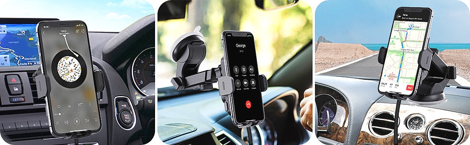 15W Charging Wireless Car Phone Mount - Black Auto-Clamping Holder with 360° Rotation, Dashboard/Windshield Suction Cup & Air Vent Clip, Fits 4.7-7" Phones, PC+ABS Firewall Material