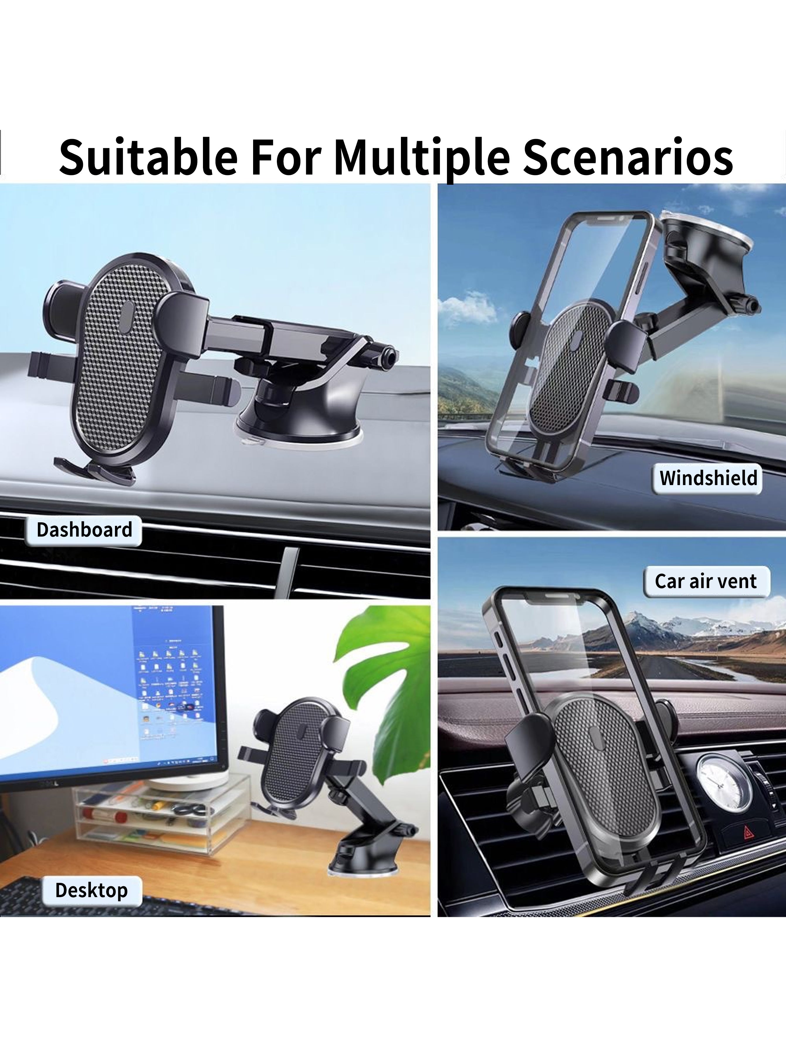 3-in-1 Car Phone Mount with Silicone Suction Cup for Dashboard Windshield Vent- Universal for 5-9cm Devices