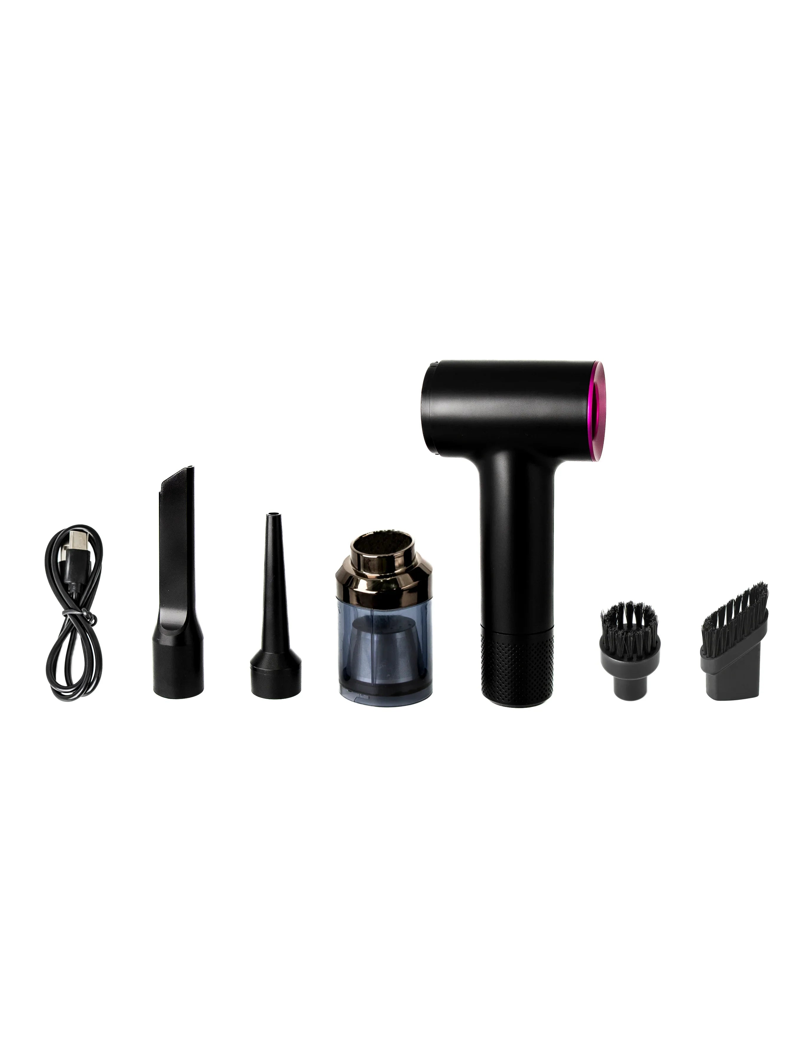 Black handheld cordless mini vacuum cleaner with six different nozzles and a USB charging cable on white background