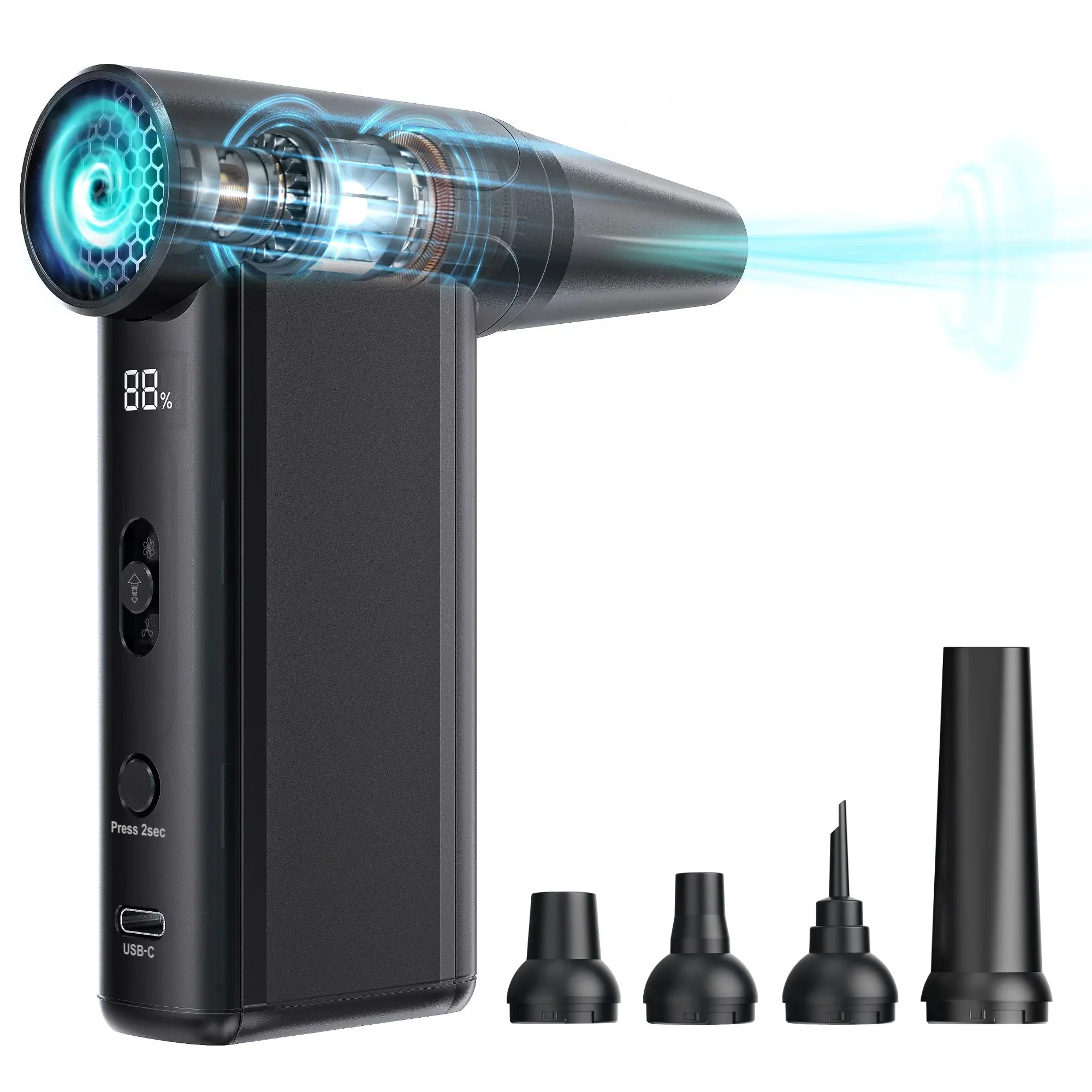 Black portable electric air blower with digital display and four interchangeable nozzles