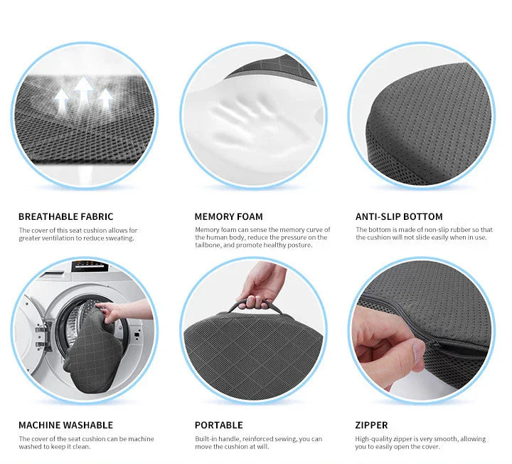 Memory foam seat cushion with breathable fabric, anti-slip bottom, machine washable cover, portable handle, and zipper