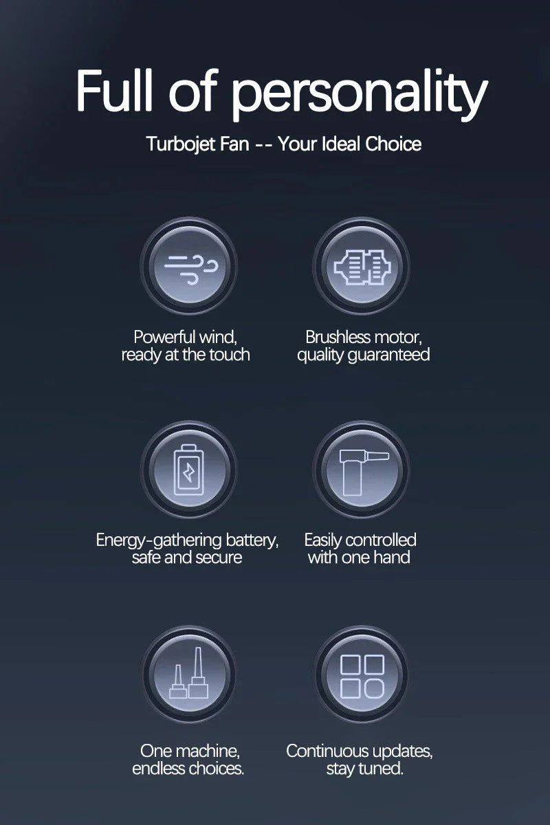 Turbojet Fan features including powerful wind, brushless motor, energy-gathering battery, one-hand control, versatile options, and continuous updates.