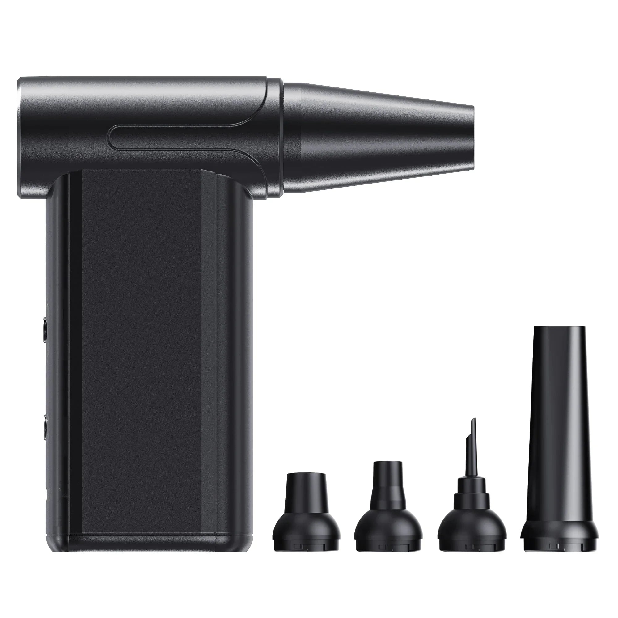 Compact black electric air pump with four interchangeable nozzles for versatile inflation