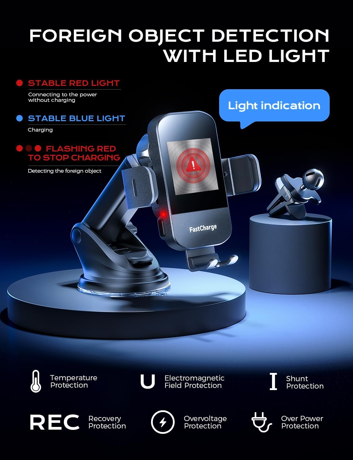 15W Charging Wireless Car Phone Mount - Black Auto-Clamping Holder with 360° Rotation, Dashboard/Windshield Suction Cup & Air Vent Clip, Fits 4.7-7" Phones, PC+ABS Firewall Material