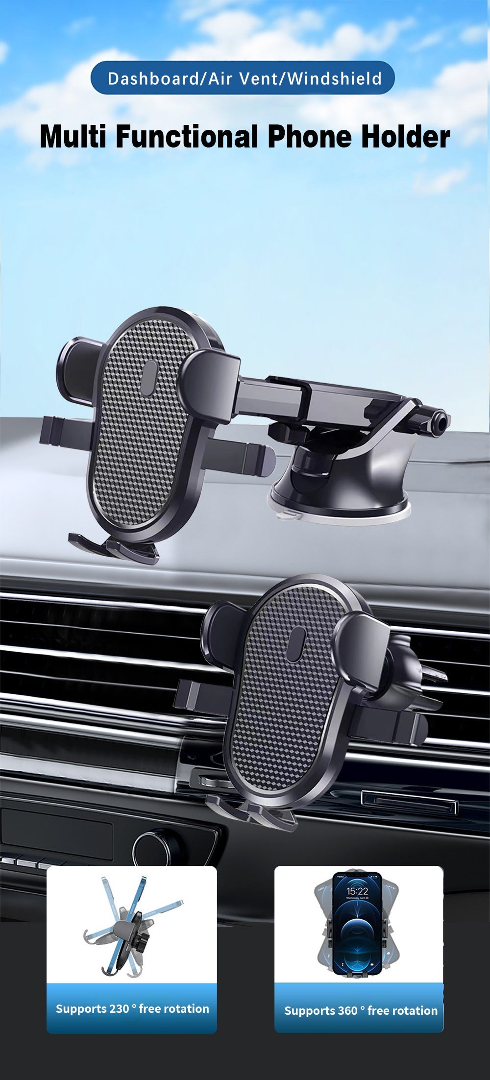 3-in-1 Car Phone Mount with Silicone Suction Cup for Dashboard Windshield Vent- Universal for 5-9cm Devices
