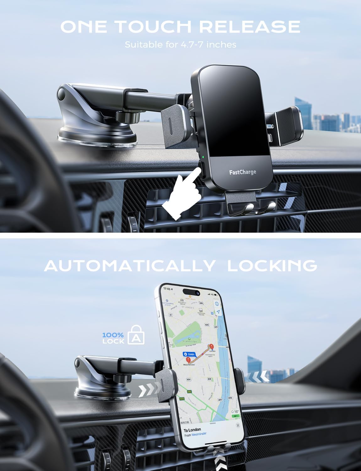 15W Charging Wireless Car Phone Mount - Black Auto-Clamping Holder with 360° Rotation, Dashboard/Windshield Suction Cup & Air Vent Clip, Fits 4.7-7" Phones, PC+ABS Firewall Material
