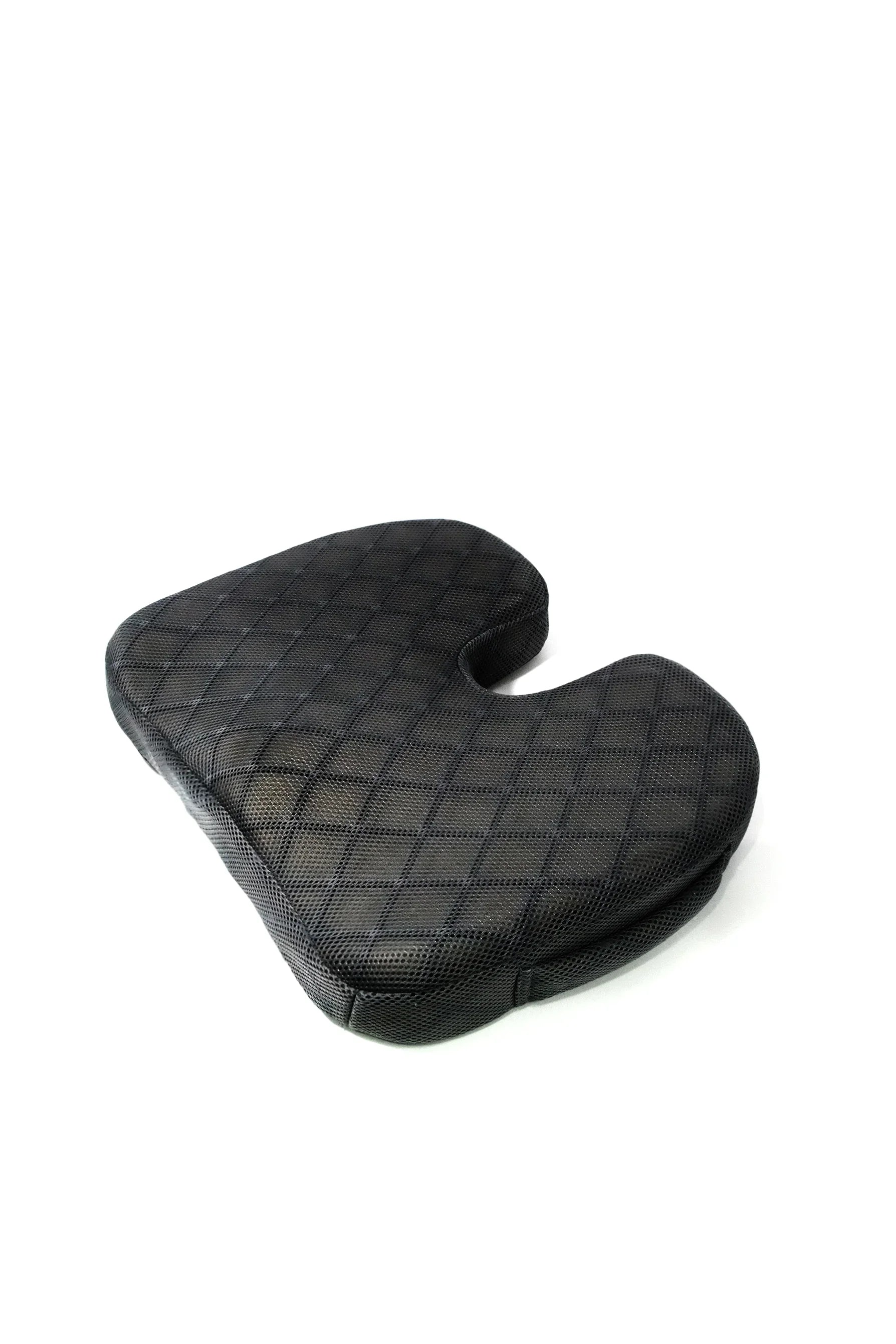 black ergonomic memory foam seat cushion with U-shaped cutout for tailbone relief