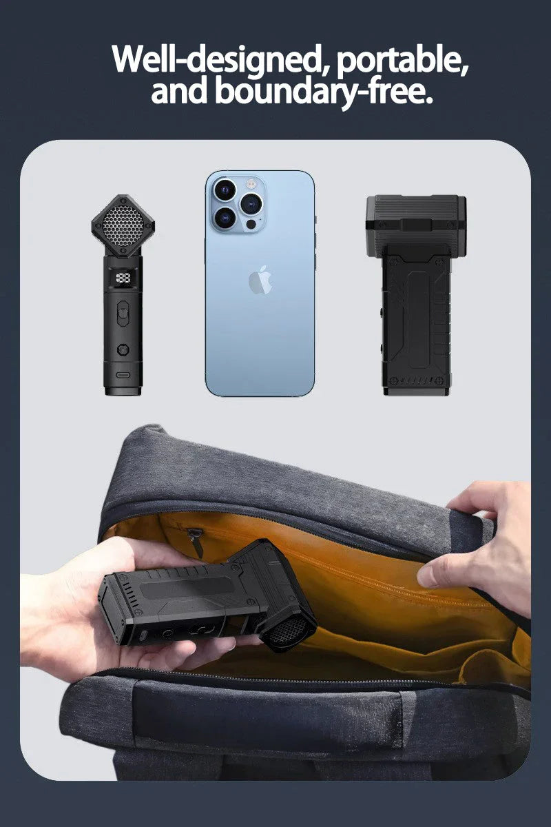 Portable black microphone and compact devices next to iPhone 13 Pro, being placed inside a gray bag