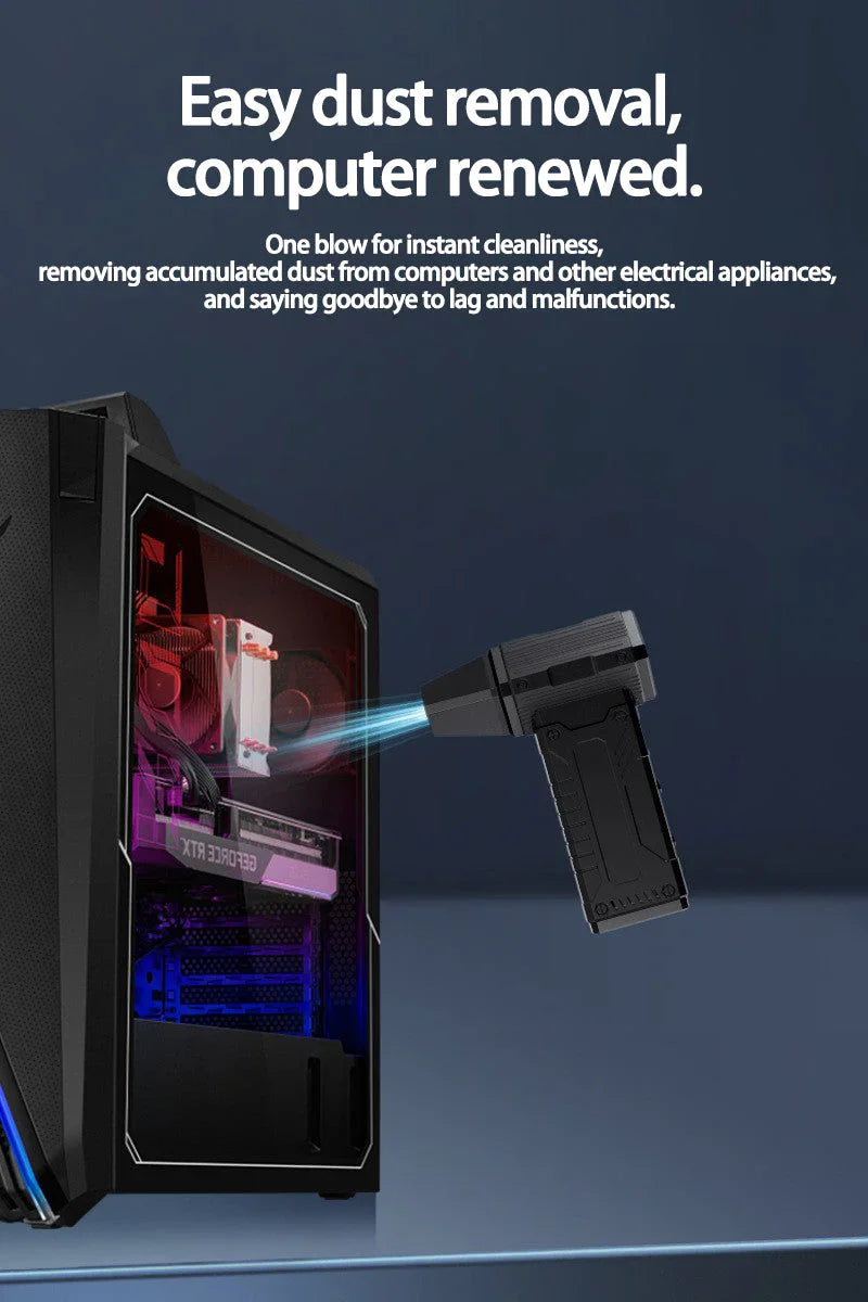 Computer dust removal tool blowing dust from inside a gaming PC with RGB lighting and GeForce RTX graphics card