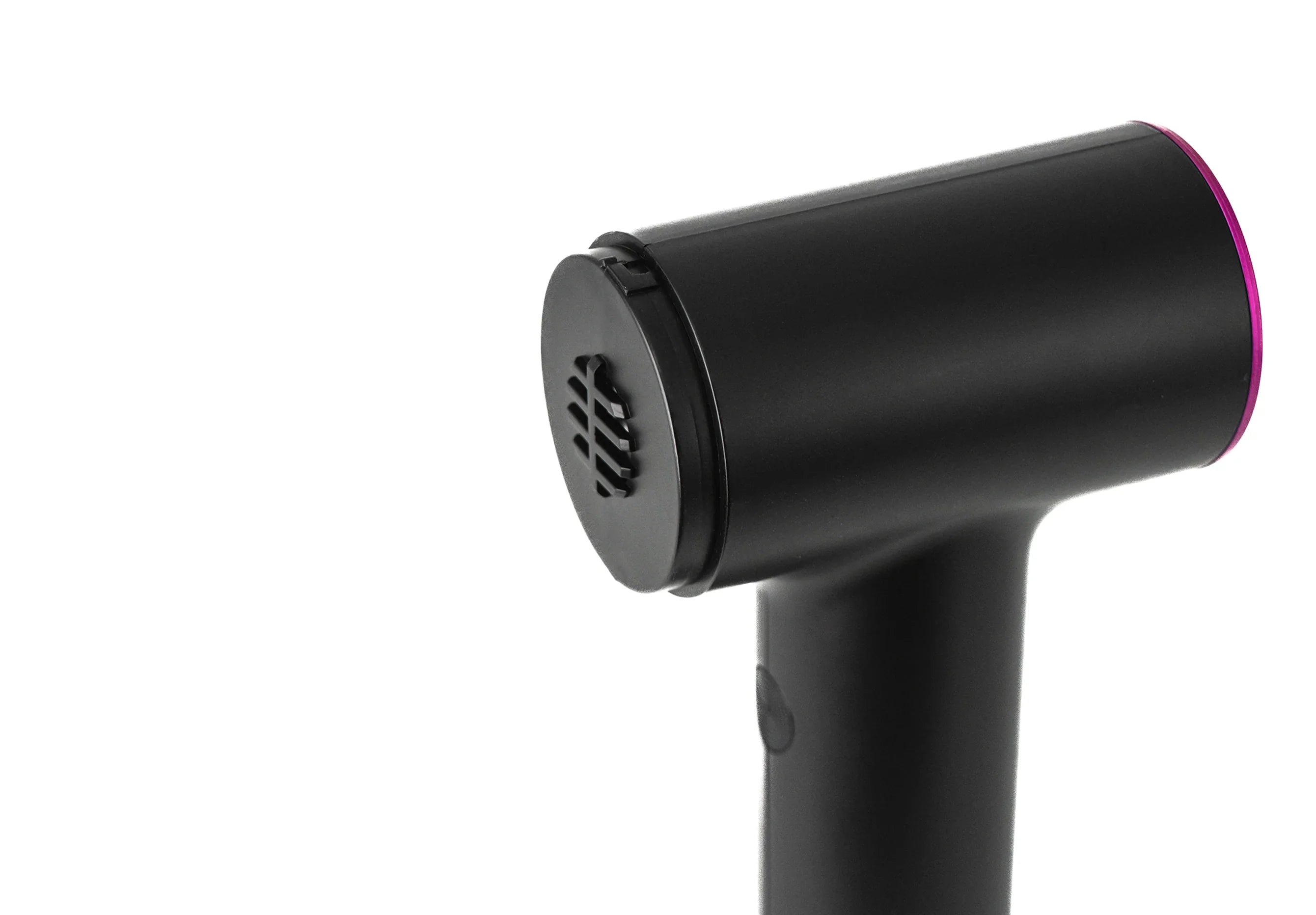 Close-up of black handheld garment steamer with purple accent on white background