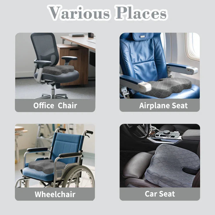 Gray ergonomic seat cushions on various seats including office chair, airplane seat, wheelchair, and car seat