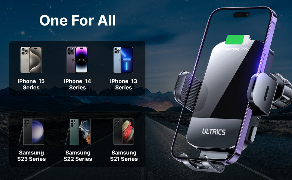 15W Charging Wireless Car Phone Mount - Black Auto-Clamping Holder with 360° Rotation, Dashboard/Windshield Suction Cup & Air Vent Clip, Fits 4.7-7" Phones, PC+ABS Firewall Material