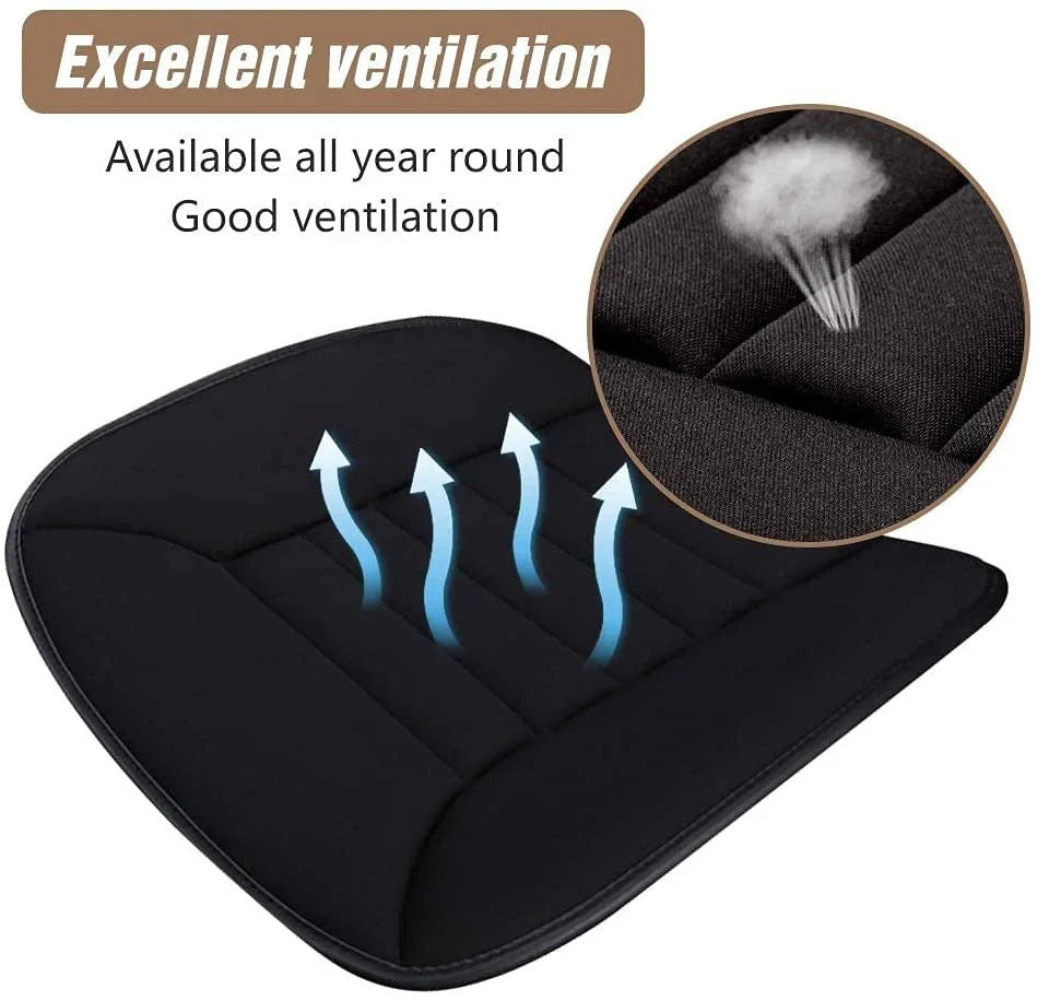 Black ventilated seat cushion with airflow arrows and text highlighting excellent ventilation