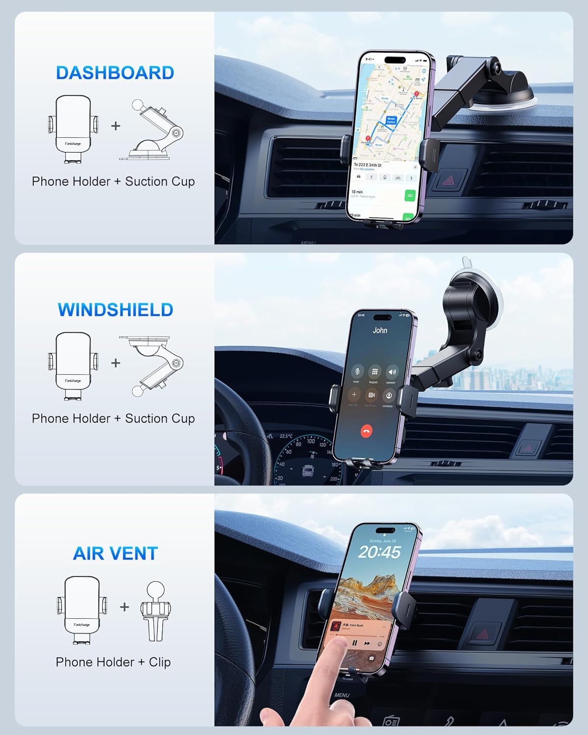 15W Charging Wireless Car Phone Mount - Black Auto-Clamping Holder with 360° Rotation, Dashboard/Windshield Suction Cup & Air Vent Clip, Fits 4.7-7" Phones, PC+ABS Firewall Material