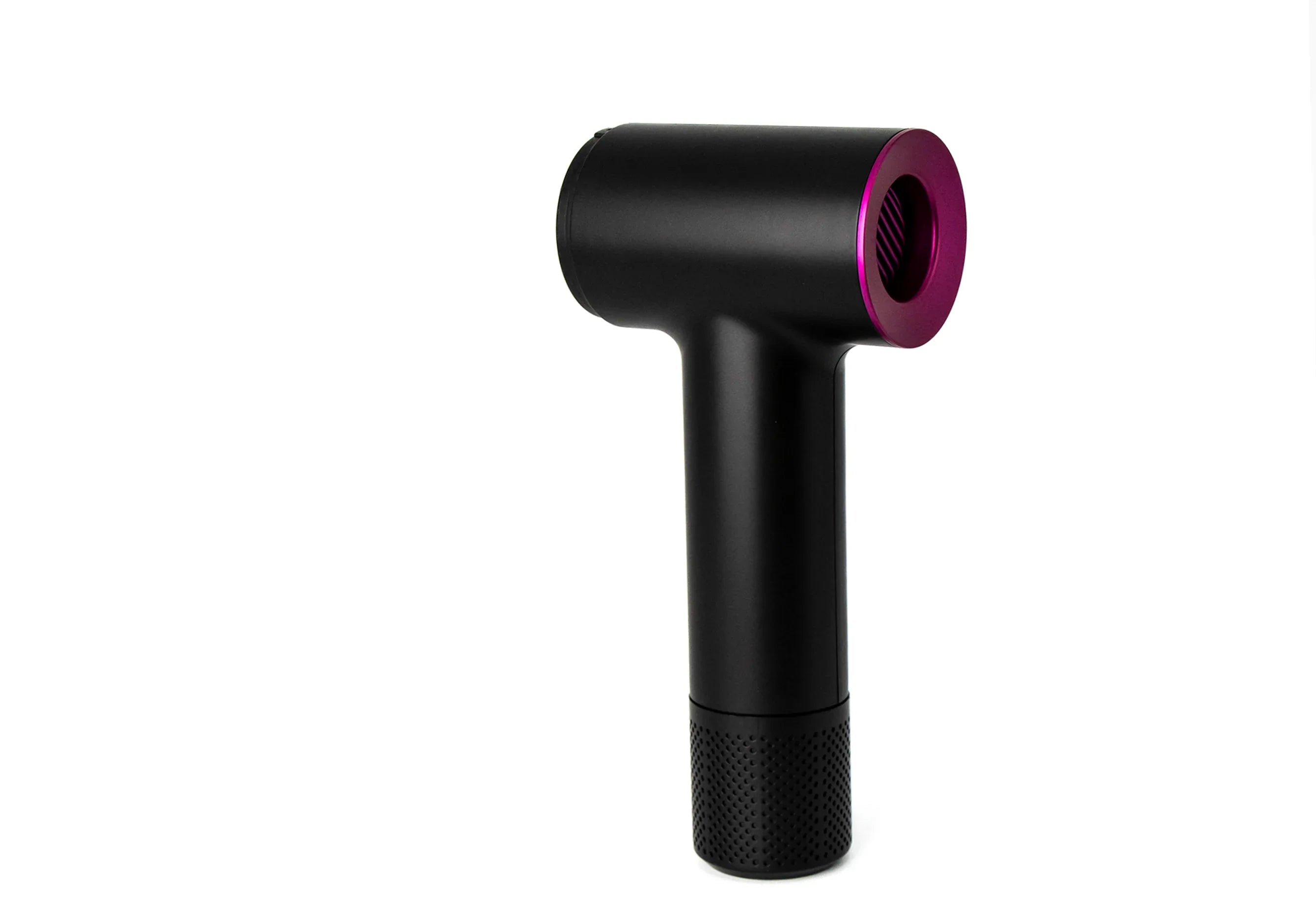 Modern black hair dryer with purple accent and perforated base on white background
