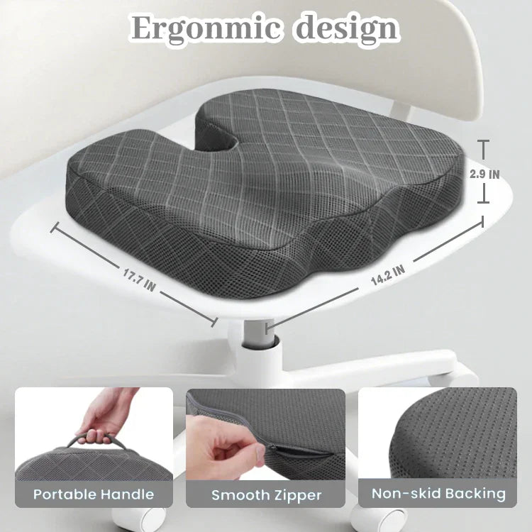 Ergonomic gray memory foam seat cushion with U-shape cutout on white office chair, 17.7x14.2x2.9 in, featuring portable handle, smooth zipper, non-skid backing