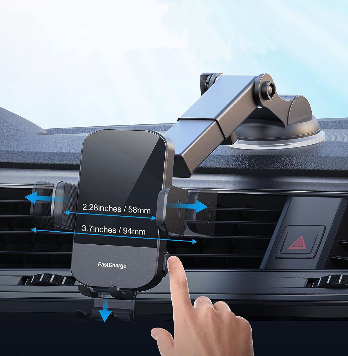 15W Charging Wireless Car Phone Mount - Black Auto-Clamping Holder with 360° Rotation, Dashboard/Windshield Suction Cup & Air Vent Clip, Fits 4.7-7" Phones, PC+ABS Firewall Material