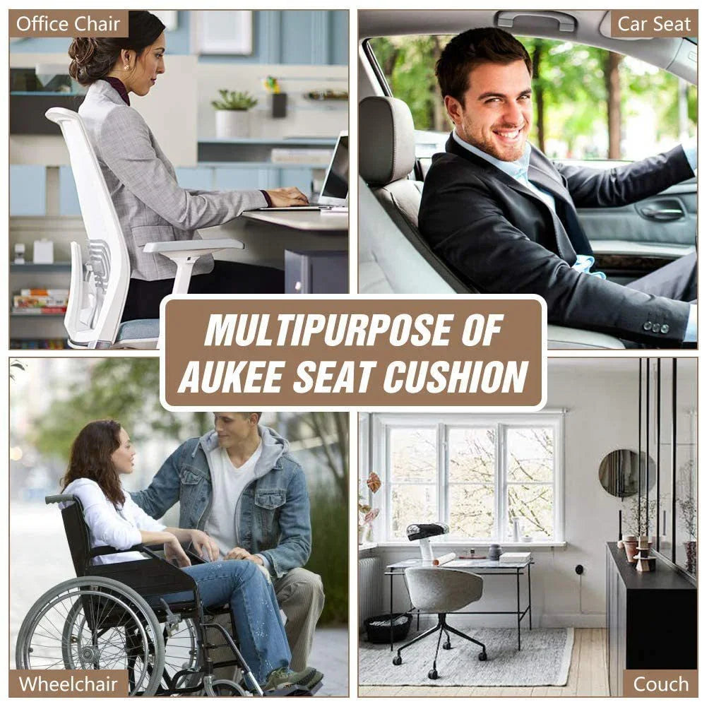 Multipurpose Aukee seat cushion used on office chair, car seat, wheelchair, and couch seating