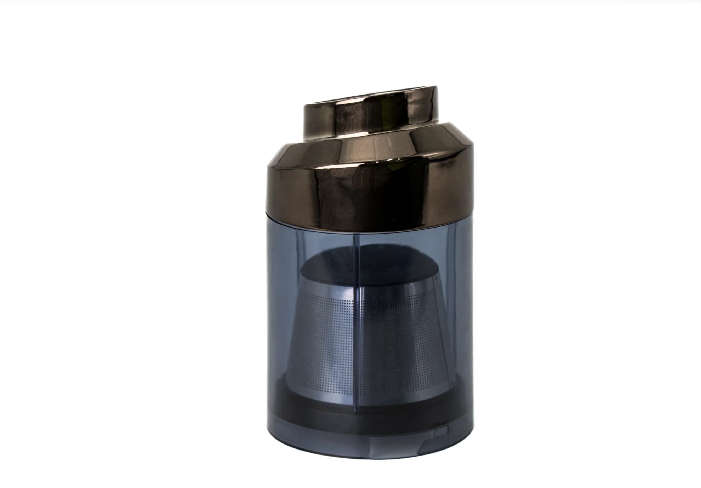 Black and transparent cylindrical coffee grinder with metal mesh filter on white background