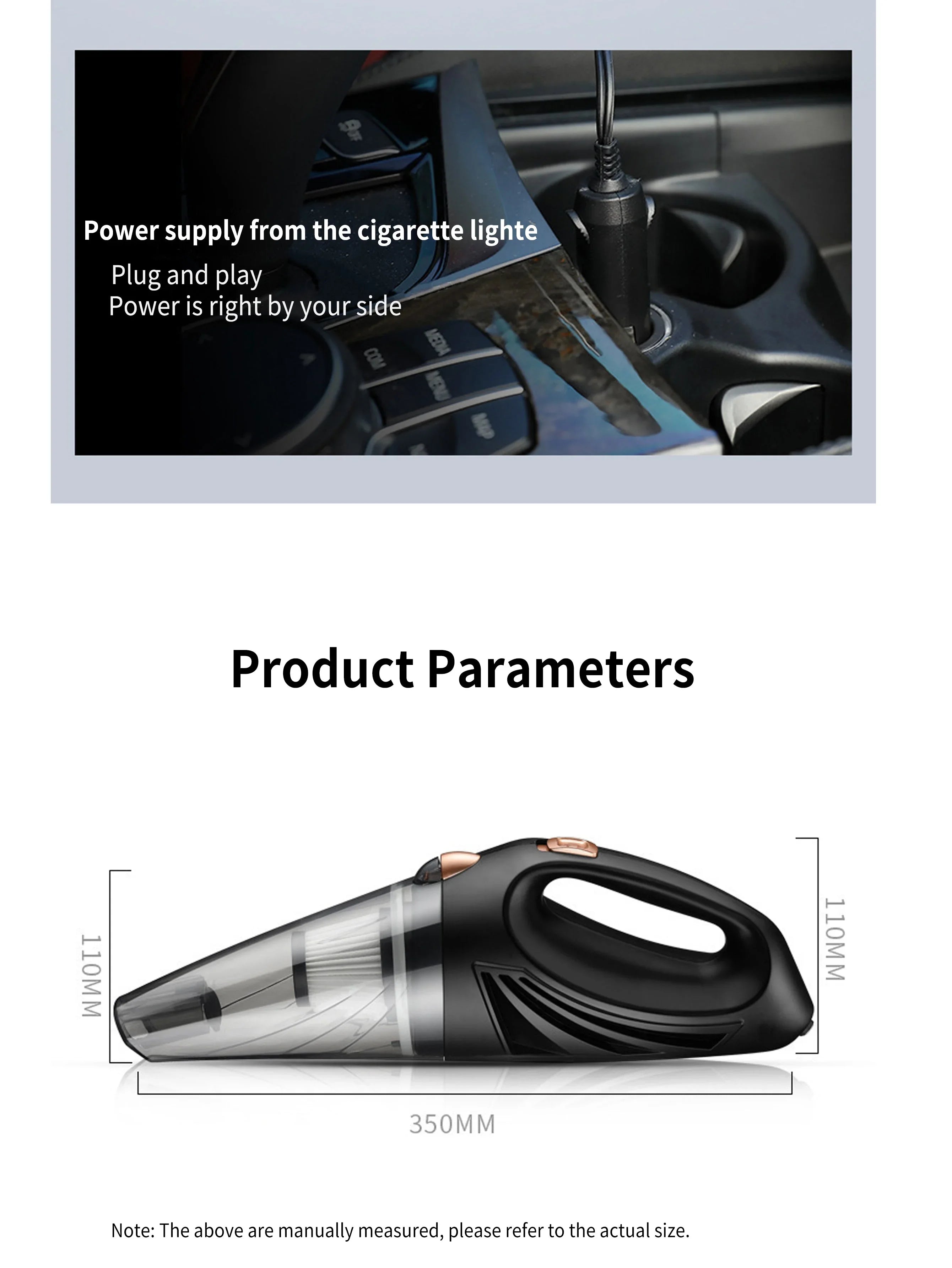 مكنسة كهربائية للسيارة رطبة/جافة - 90 وات تيار مستمر 12 فولت، فلتر هواء عالي الكفاءة F6، كوب غبار سعة 0.5 لتر، كابل 4.5 متر (خيار سلكي/لاسلكي)، أداة تنظيف الشقوق، فرشاة، خرطوم وحقيبة تخزين متضمنة