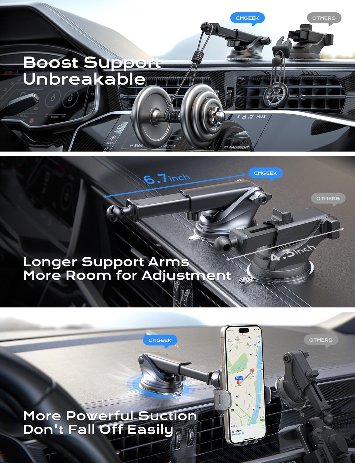 15W Charging Wireless Car Phone Mount - Black Auto-Clamping Holder with 360° Rotation, Dashboard/Windshield Suction Cup & Air Vent Clip, Fits 4.7-7" Phones, PC+ABS Firewall Material
